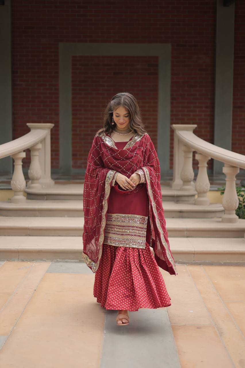 Long Sleeve Red Color Sharara Suit For Lohri Festival