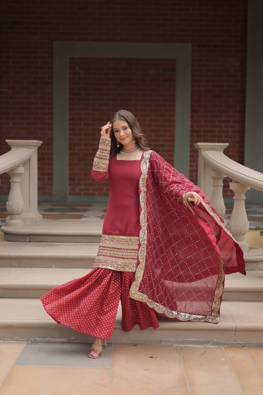 Long Sleeve Red Color Sharara Suit For Lohri Festival