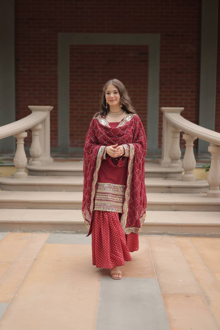 Long Sleeve Red Color Sharara Suit For Lohri Festival