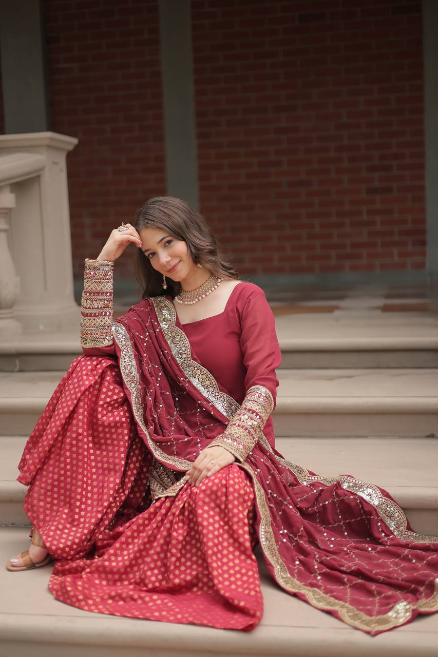 Long Sleeve Red Color Sharara Suit For Lohri Festival