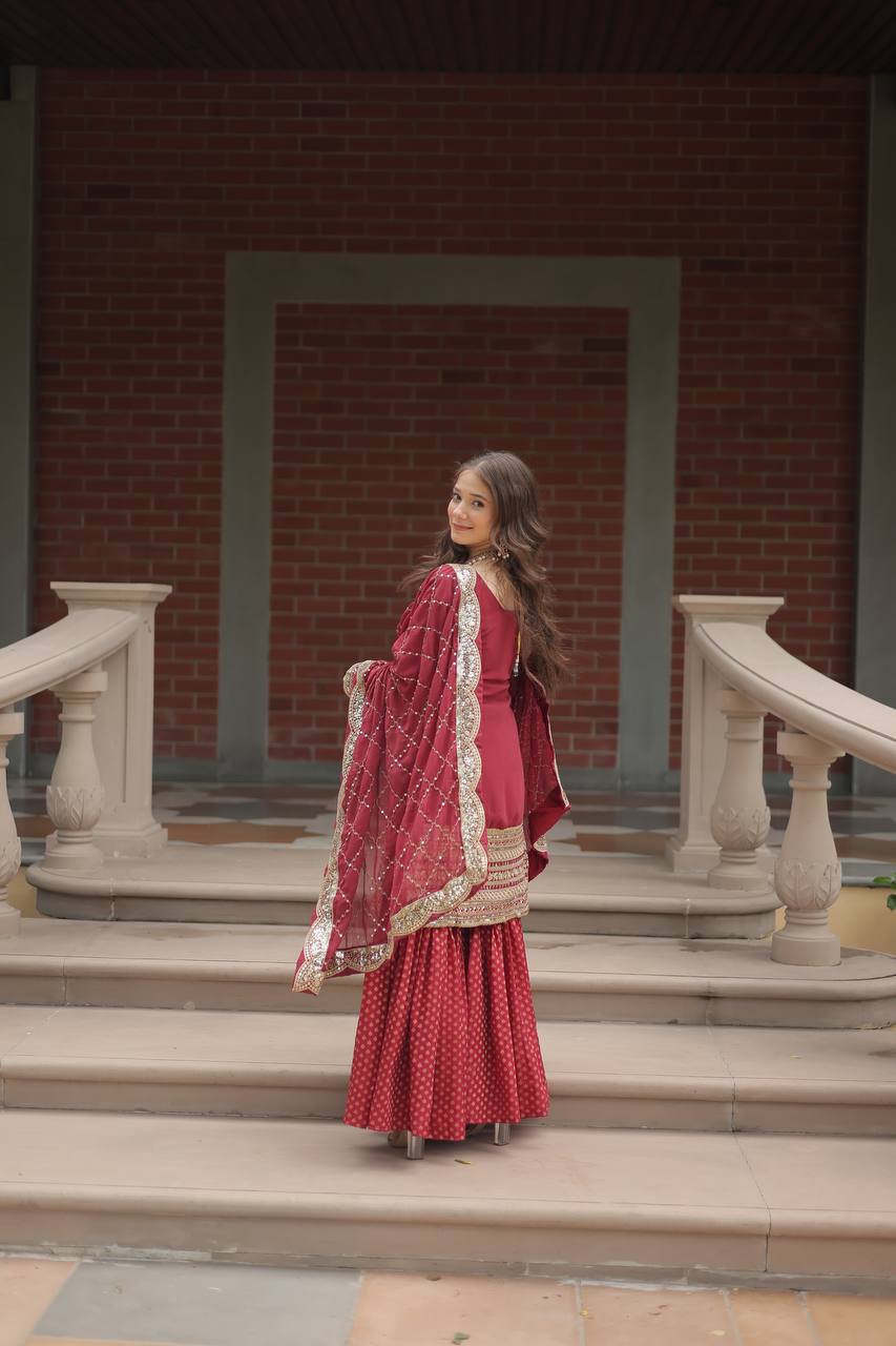 Long Sleeve Red Color Sharara Suit For Lohri Festival