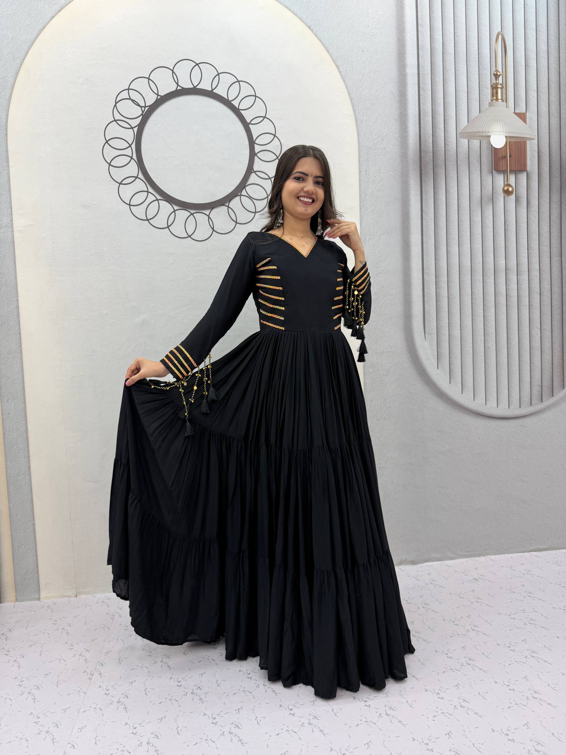 Black Pure Cotton Anarkali Gown with Golden Stripe Detail