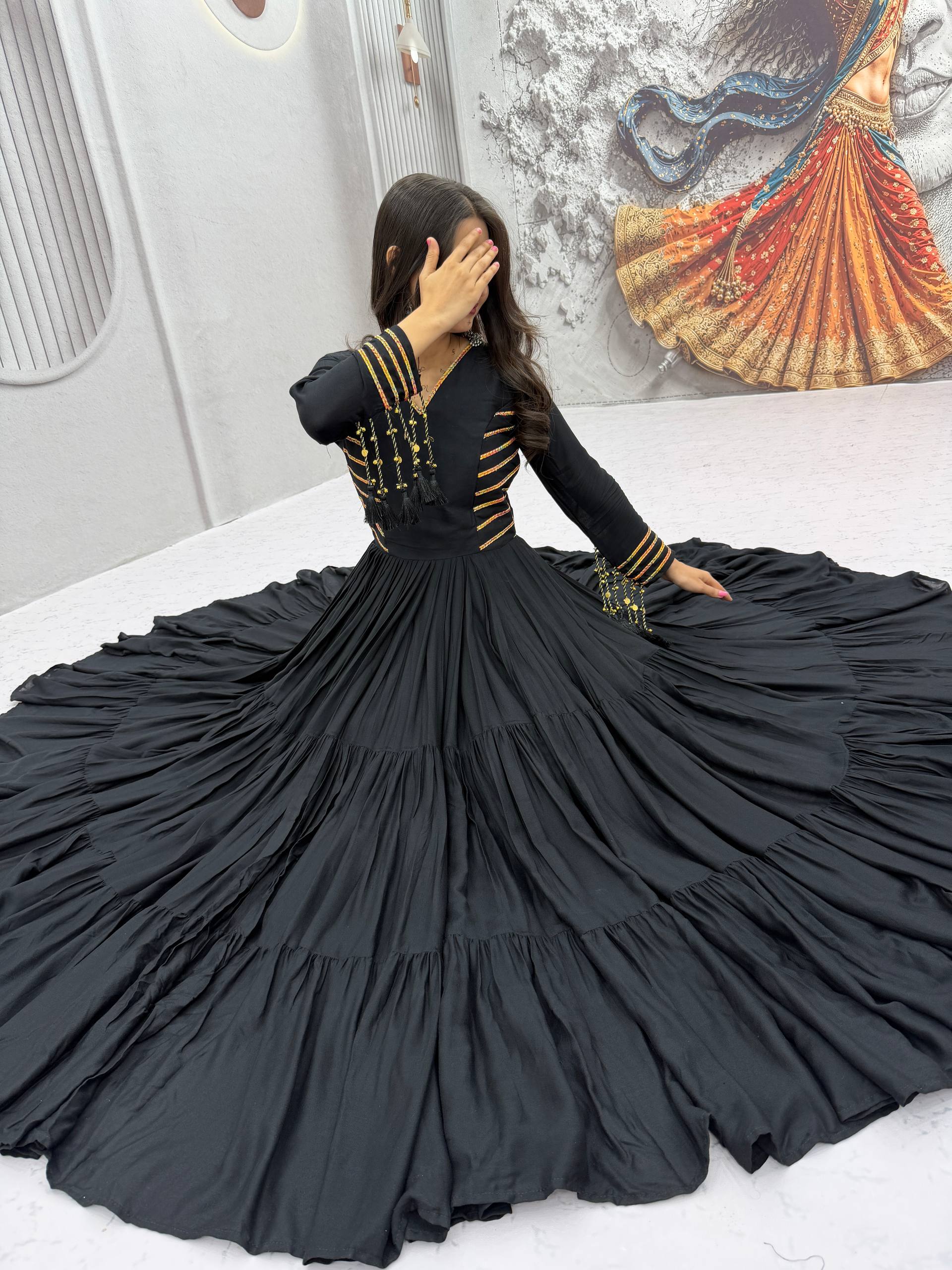 Black Pure Cotton Anarkali Gown with Golden Stripe Detail