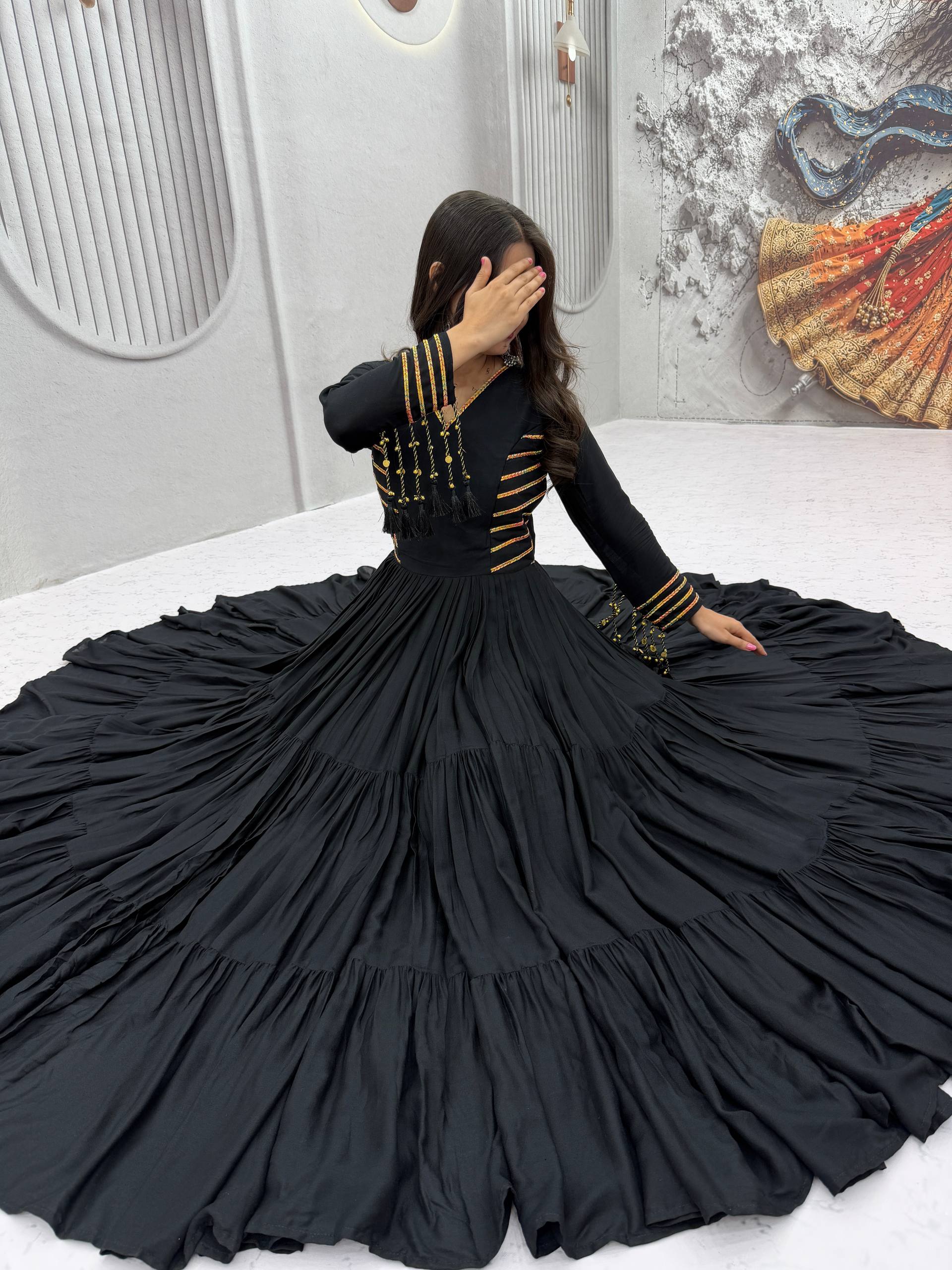 Black Pure Cotton Anarkali Gown with Golden Stripe Detail