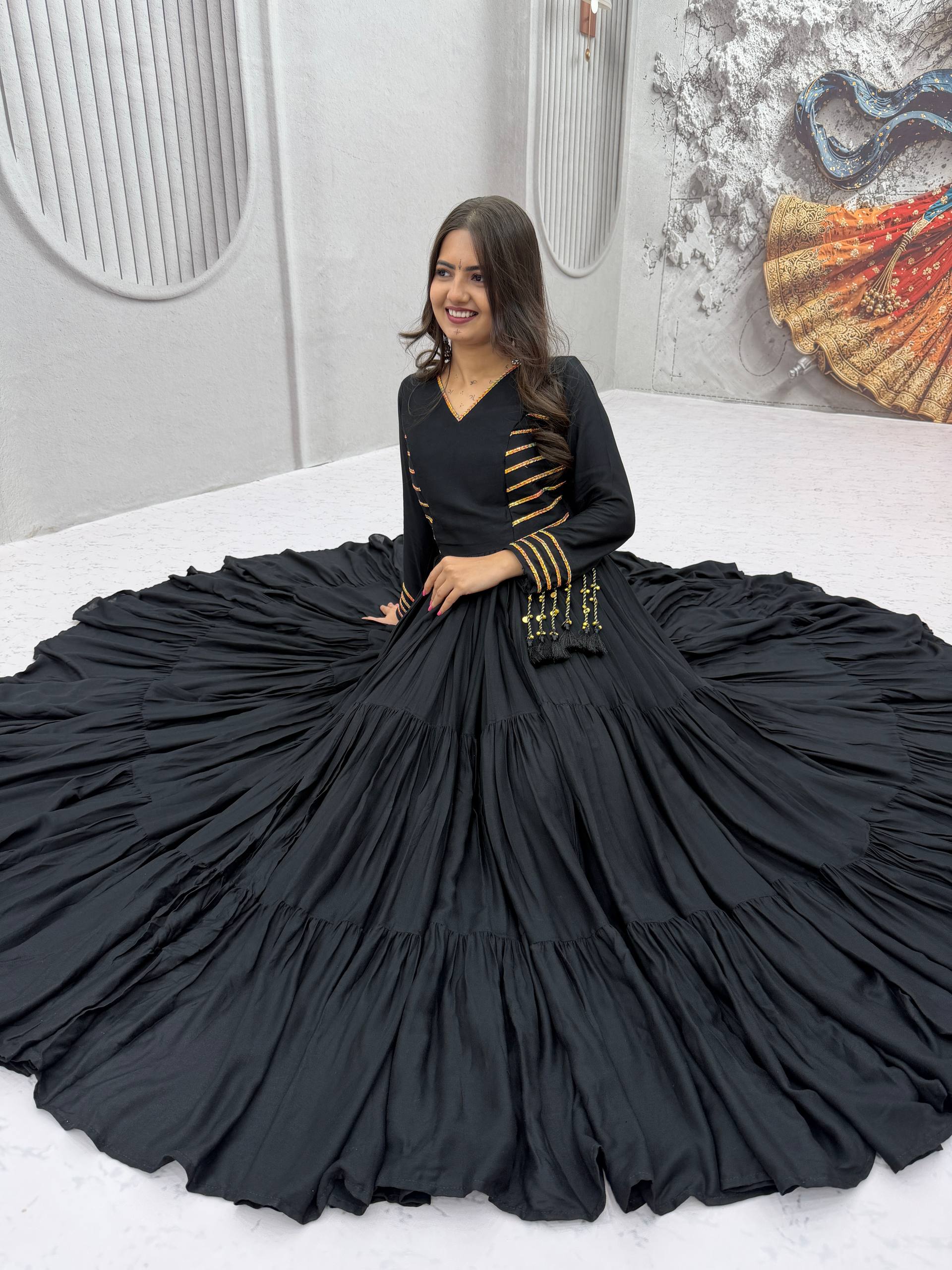 Black Pure Cotton Anarkali Gown with Golden Stripe Detail