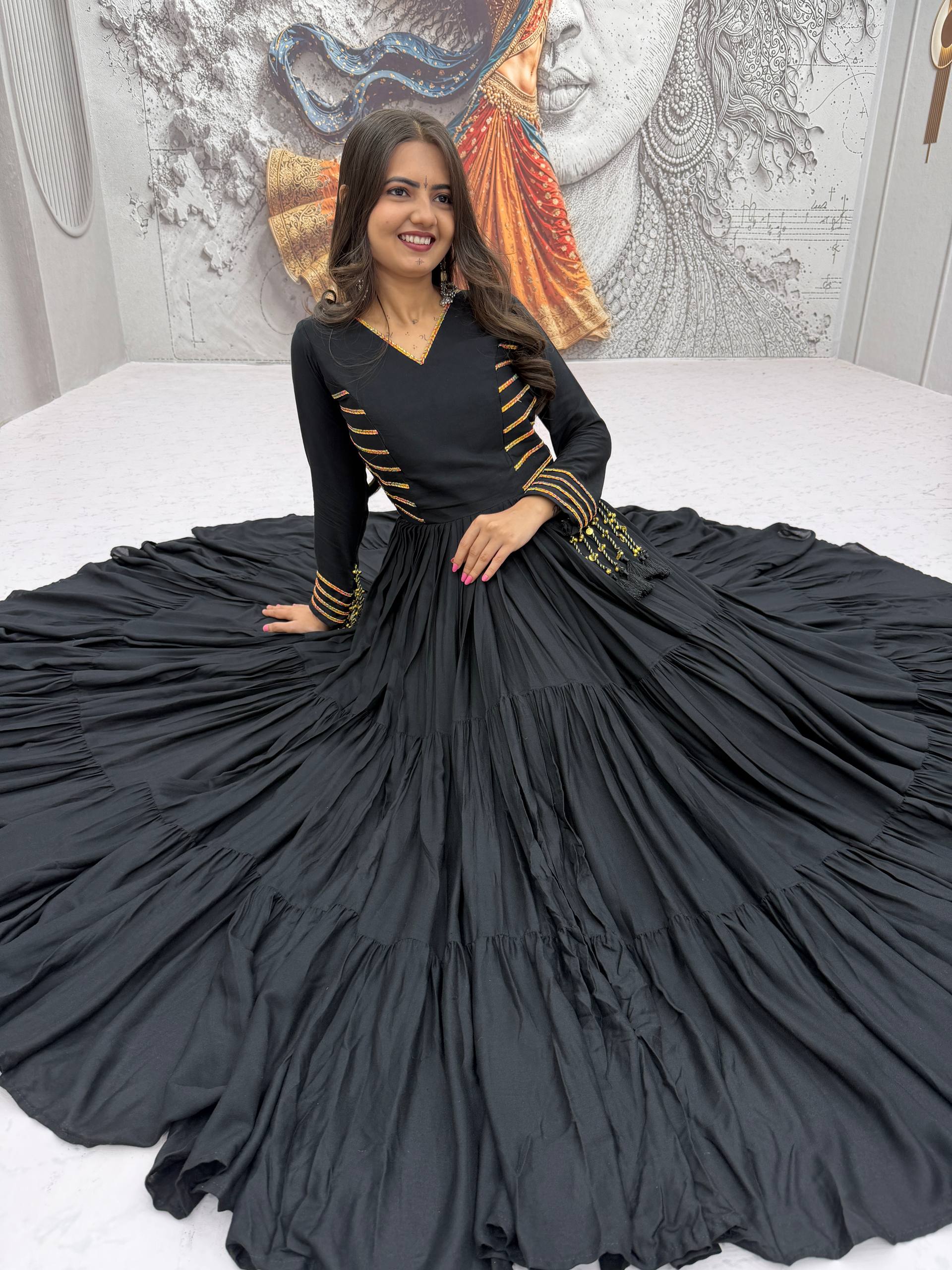 Black Pure Cotton Anarkali Gown with Golden Stripe Detail