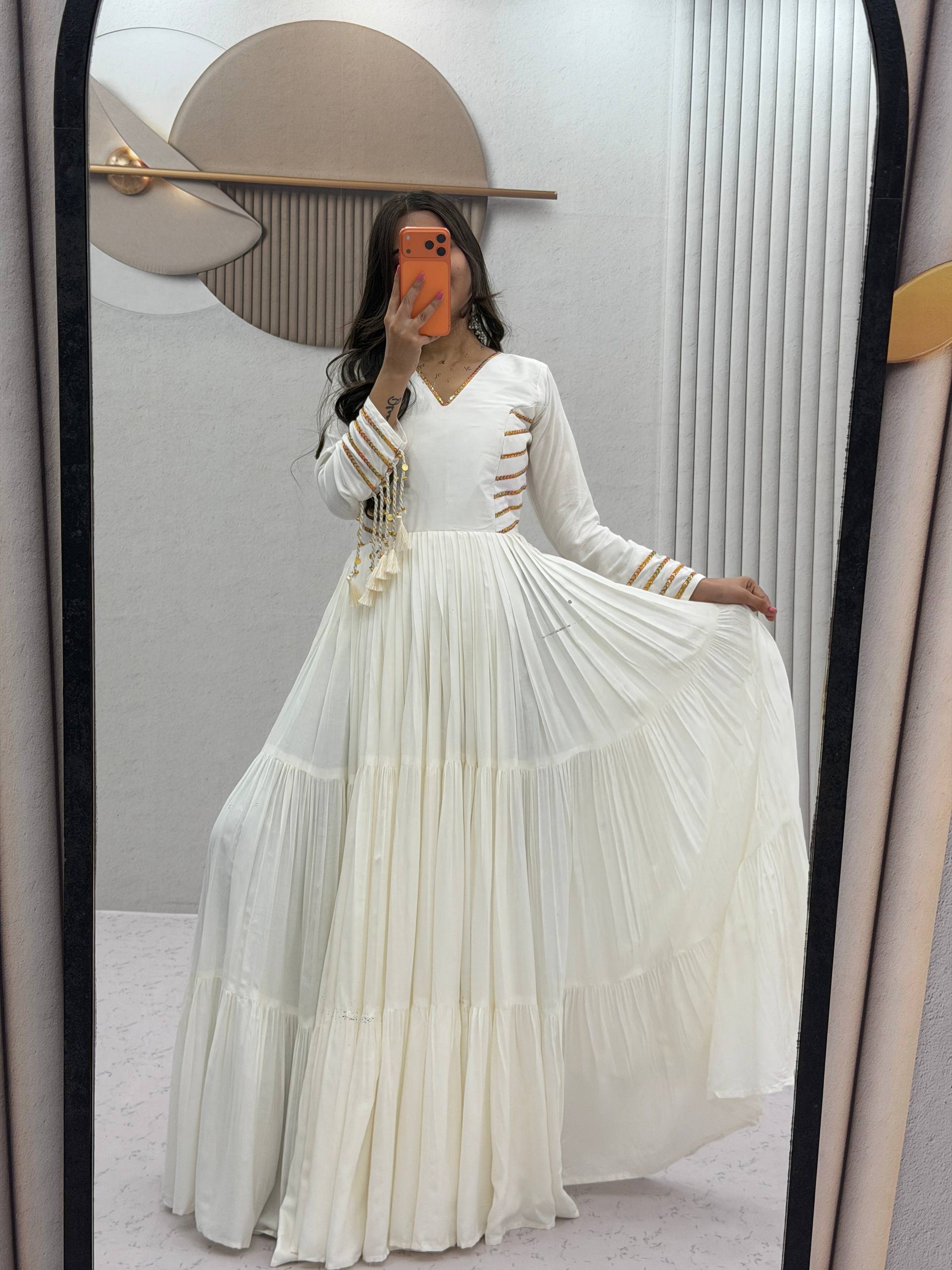 Off White Pure Cotton Tiered Anarkali Gown with Golden Lace Detailing