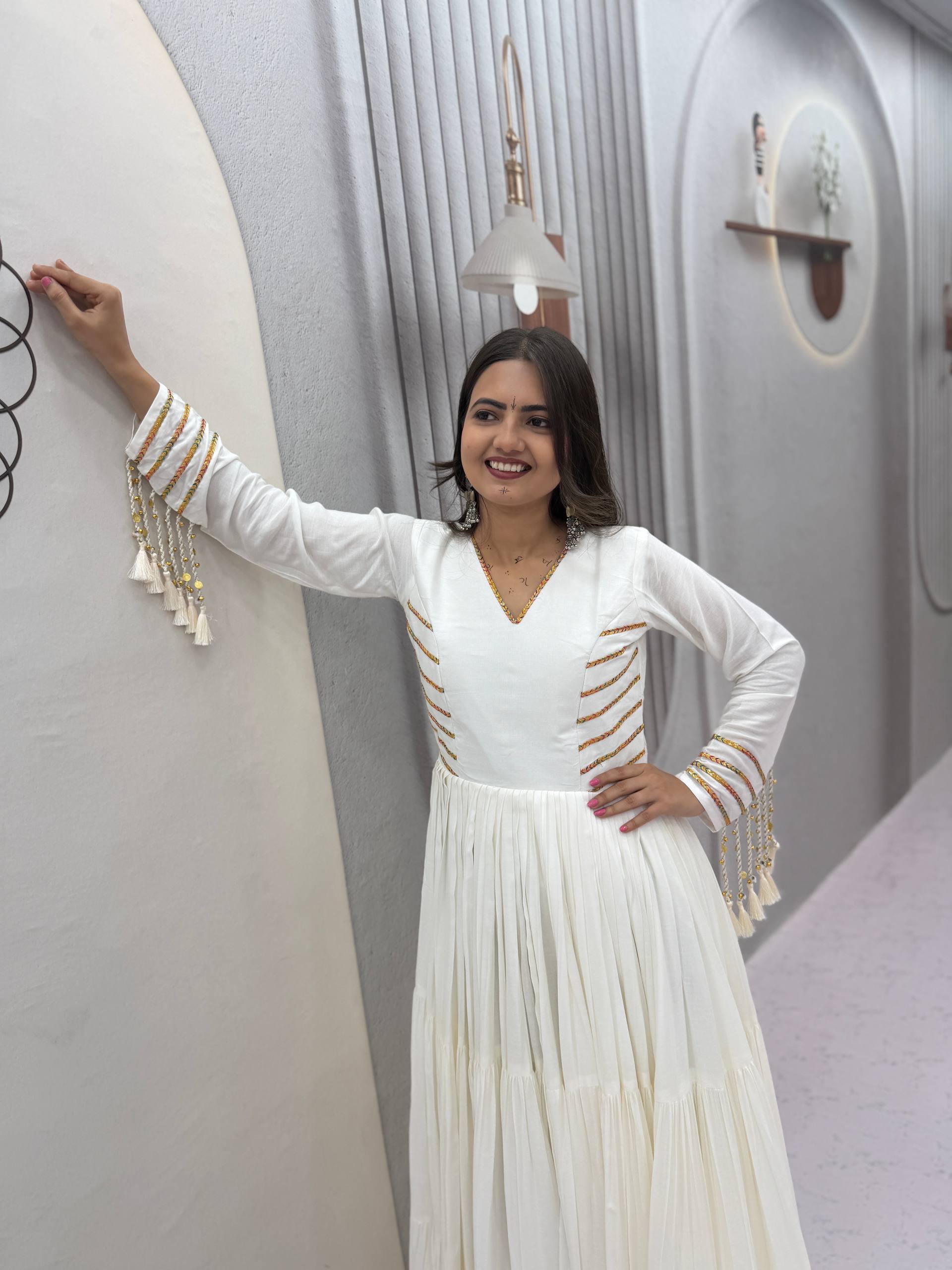 Off White Pure Cotton Tiered Anarkali Gown with Golden Lace Detailing