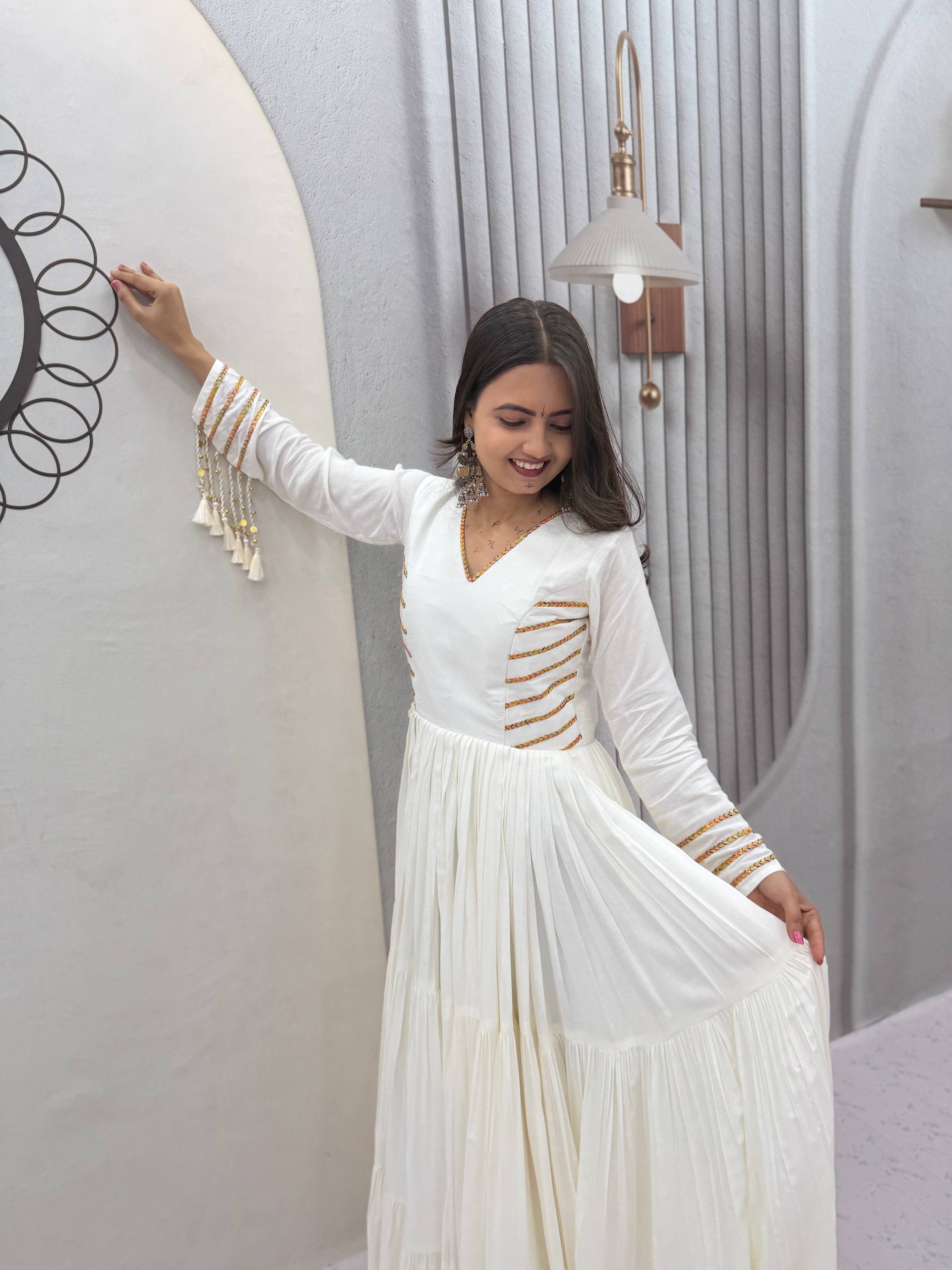 Off White Pure Cotton Tiered Anarkali Gown with Golden Lace Detailing