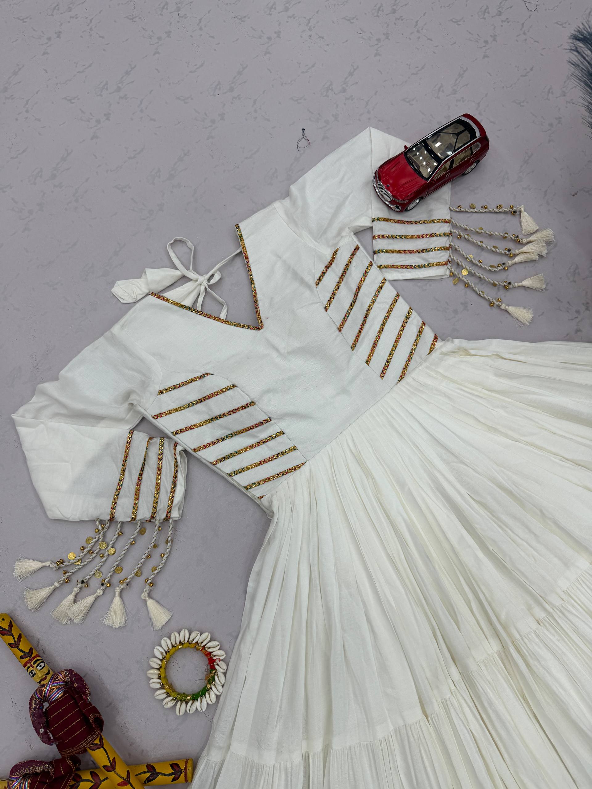 Off White Pure Cotton Tiered Anarkali Gown with Golden Lace Detailing
