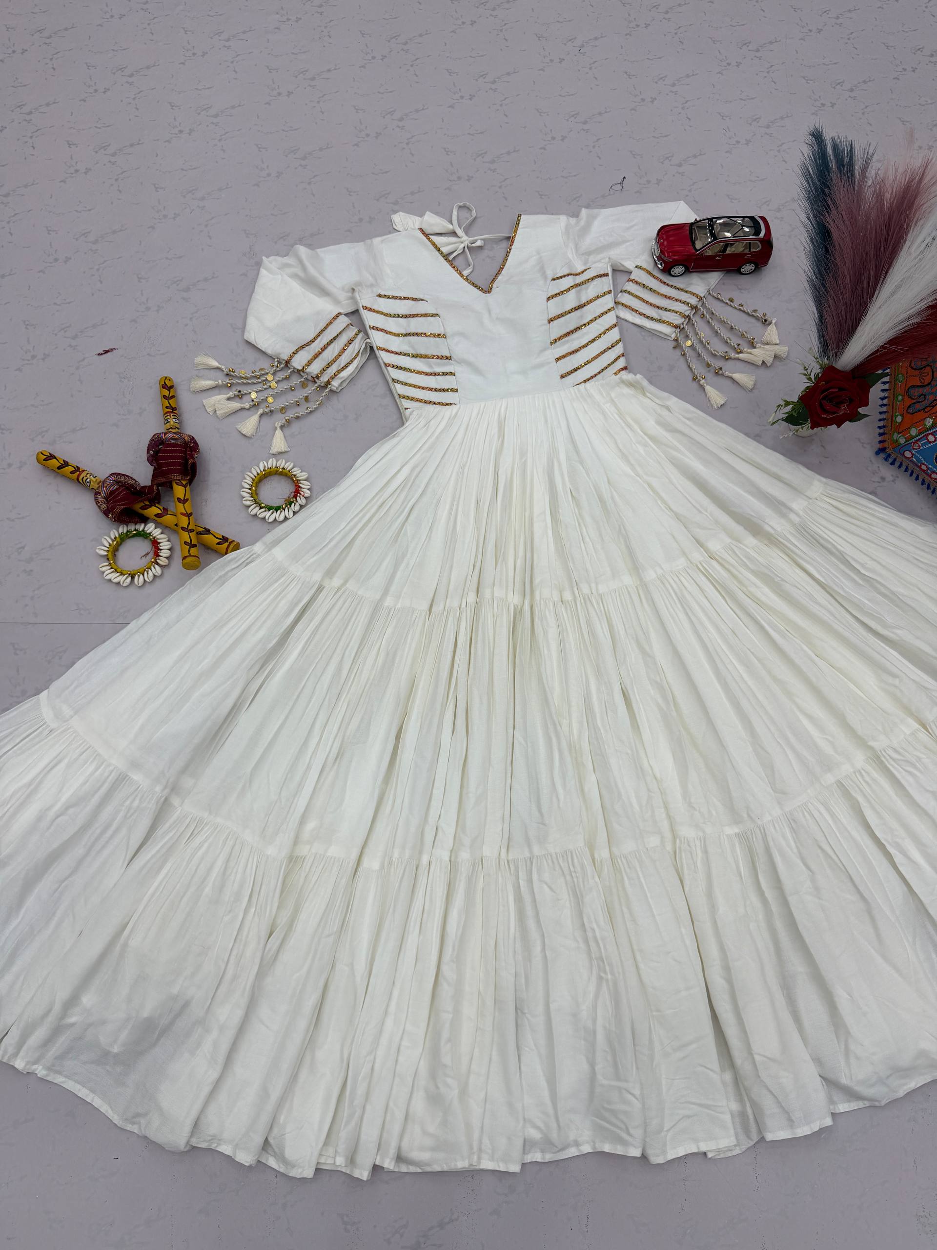 Off White Pure Cotton Tiered Anarkali Gown with Golden Lace Detailing