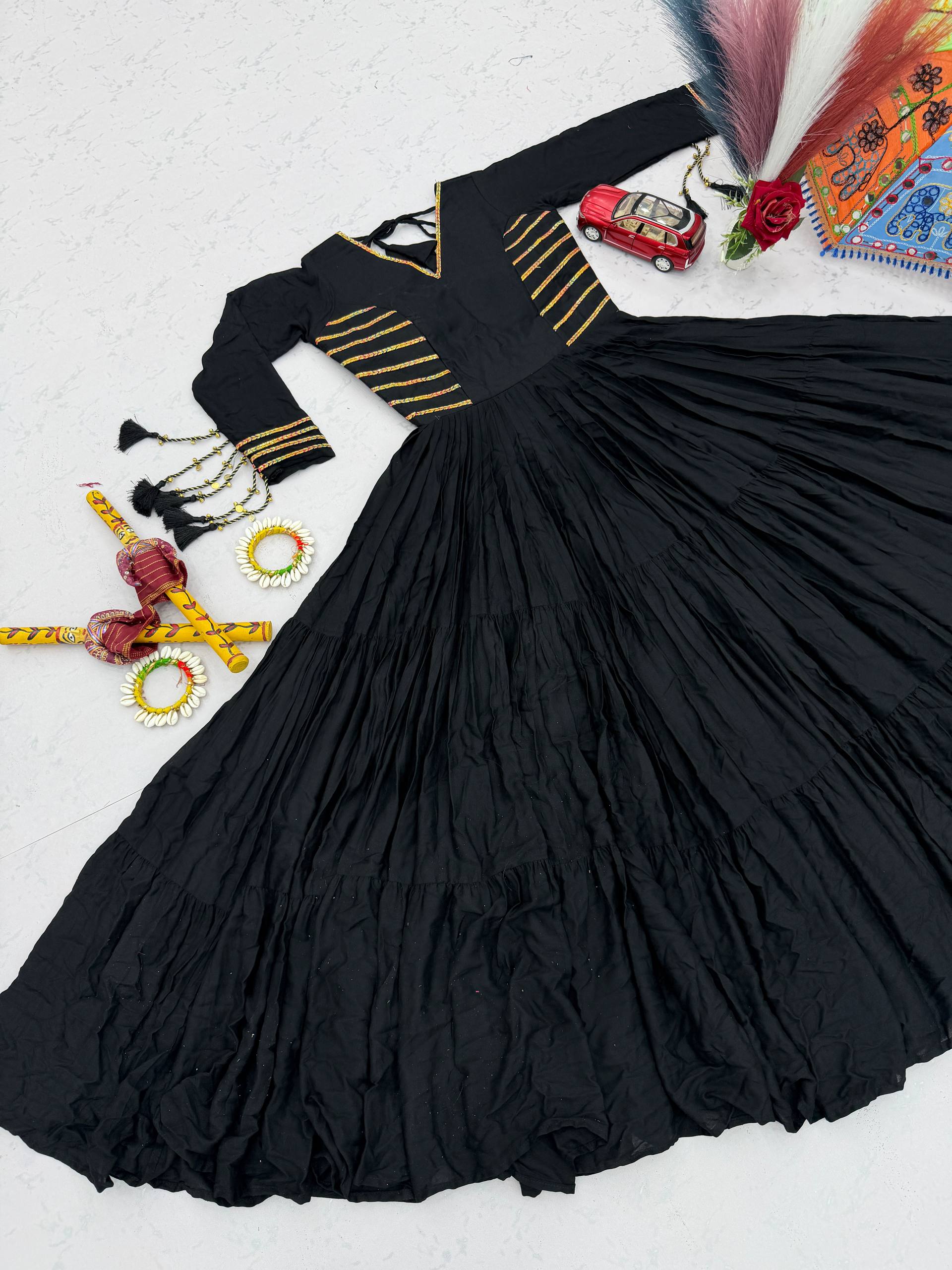 Black Pure Cotton Anarkali Gown with Golden Stripe Detail