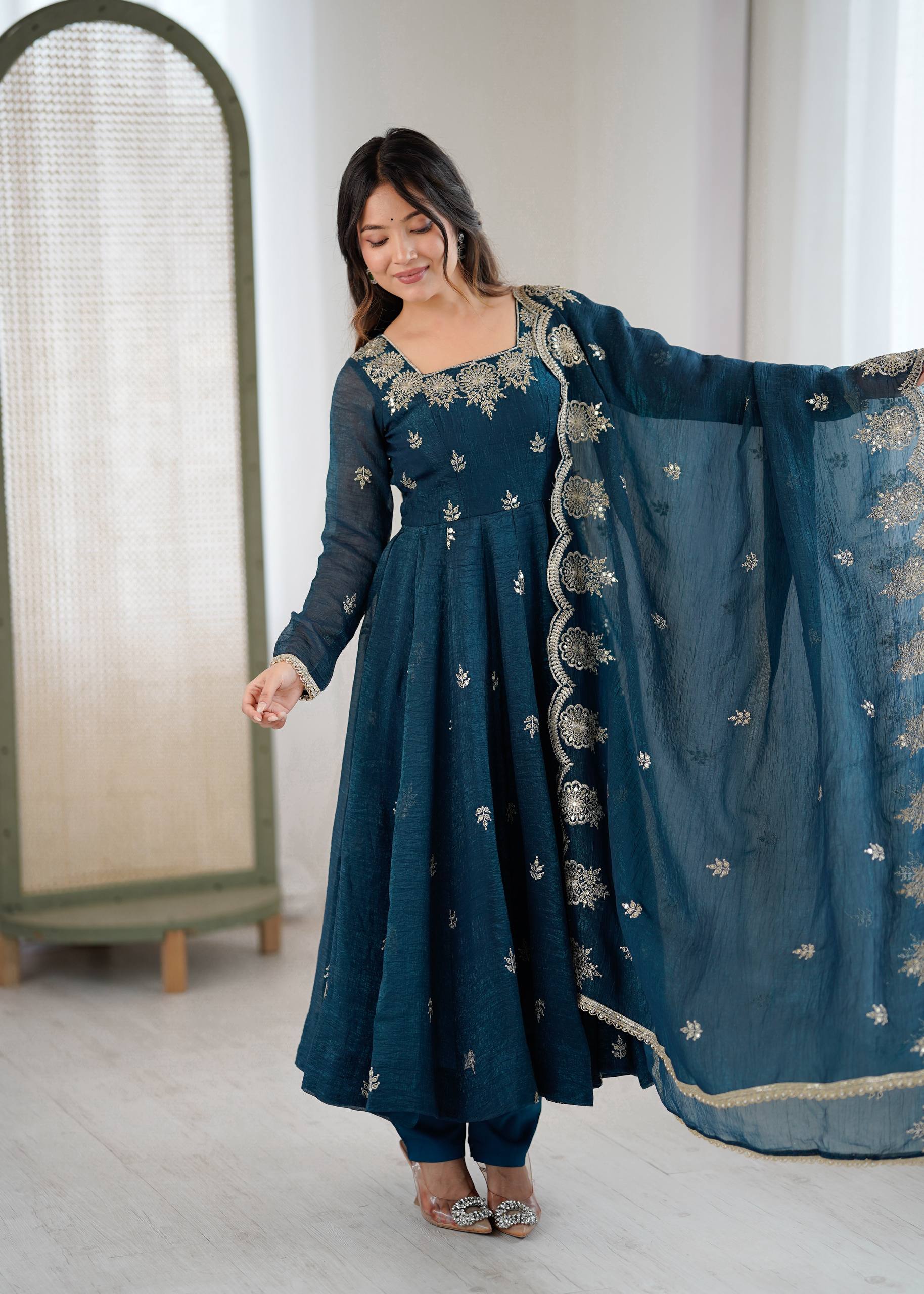 Teal Blue Color Elegant Designer Anarkali Set for Women | Ready to Wear 3 Piece Suit