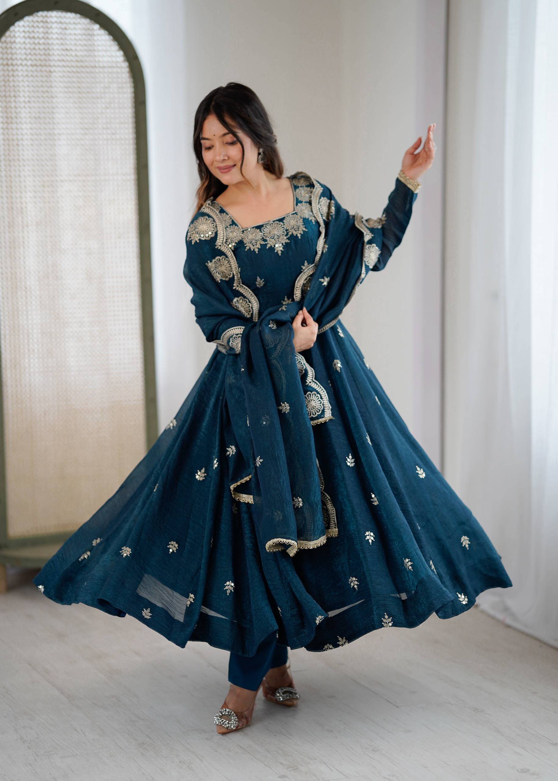 Teal Blue Color Elegant Designer Anarkali Set for Women | Ready to Wear 3 Piece Suit