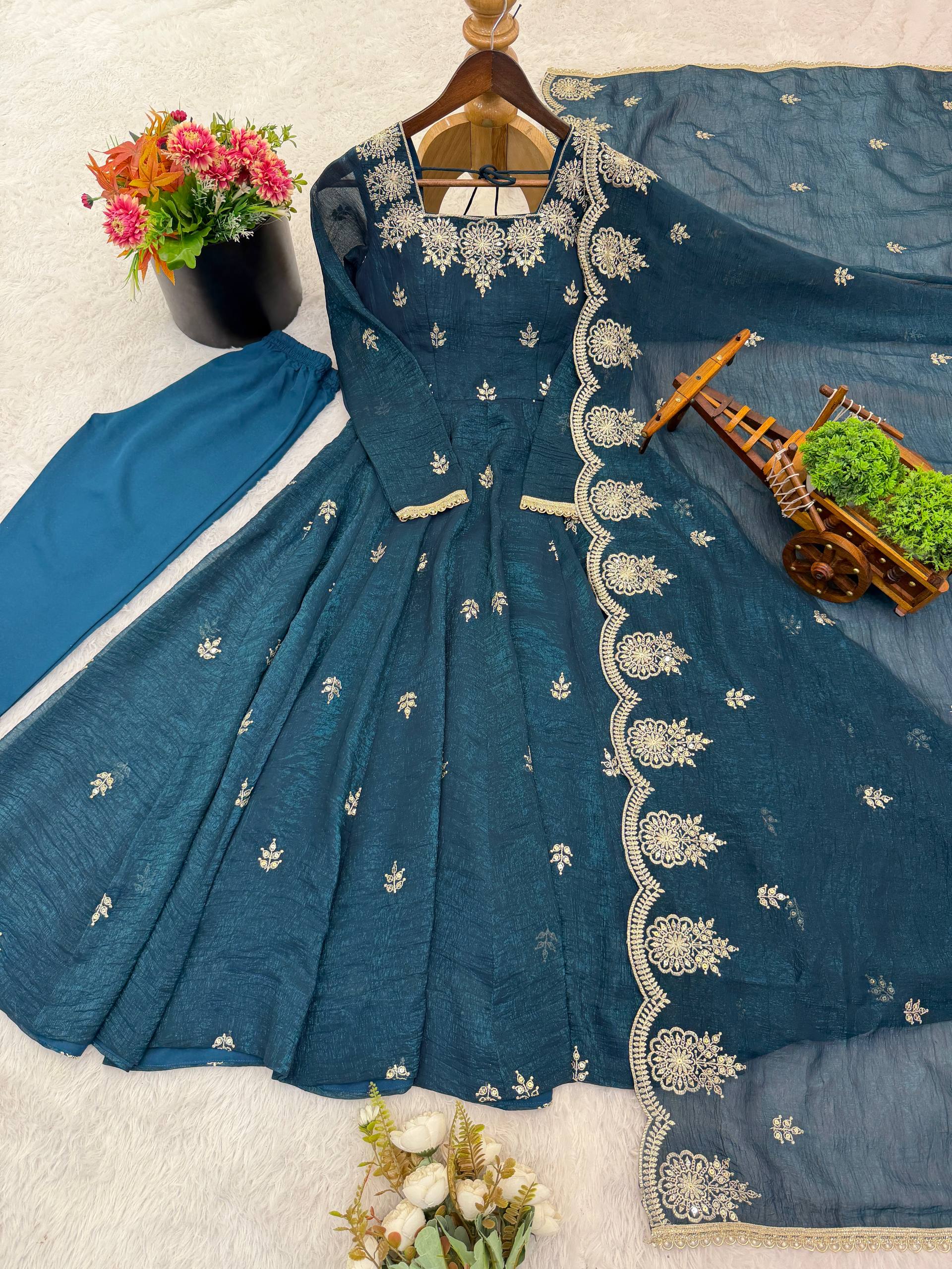 Teal Blue Color Elegant Designer Anarkali Set for Women | Ready to Wear 3 Piece Suit
