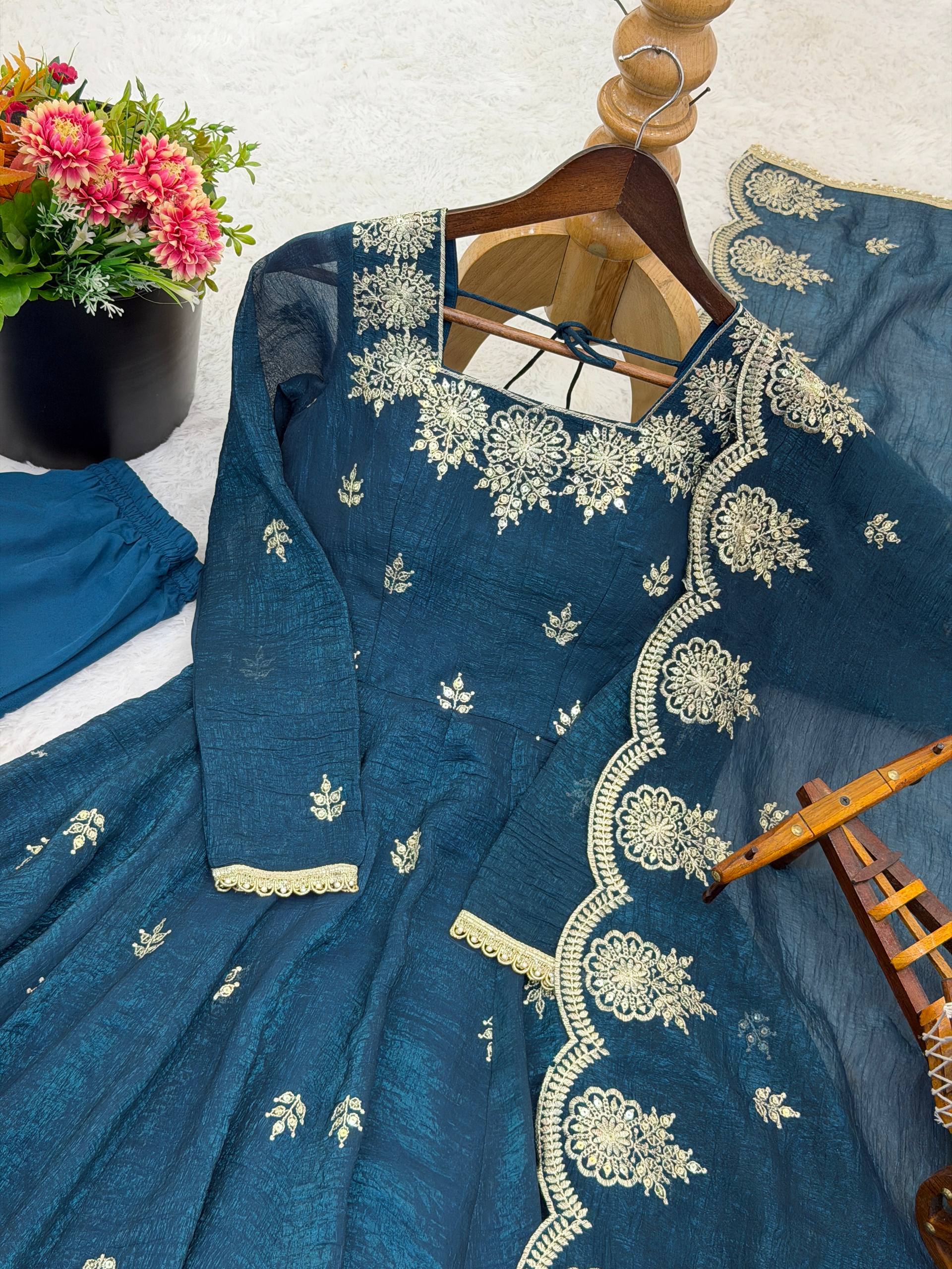 Teal Blue Color Elegant Designer Anarkali Set for Women | Ready to Wear 3 Piece Suit