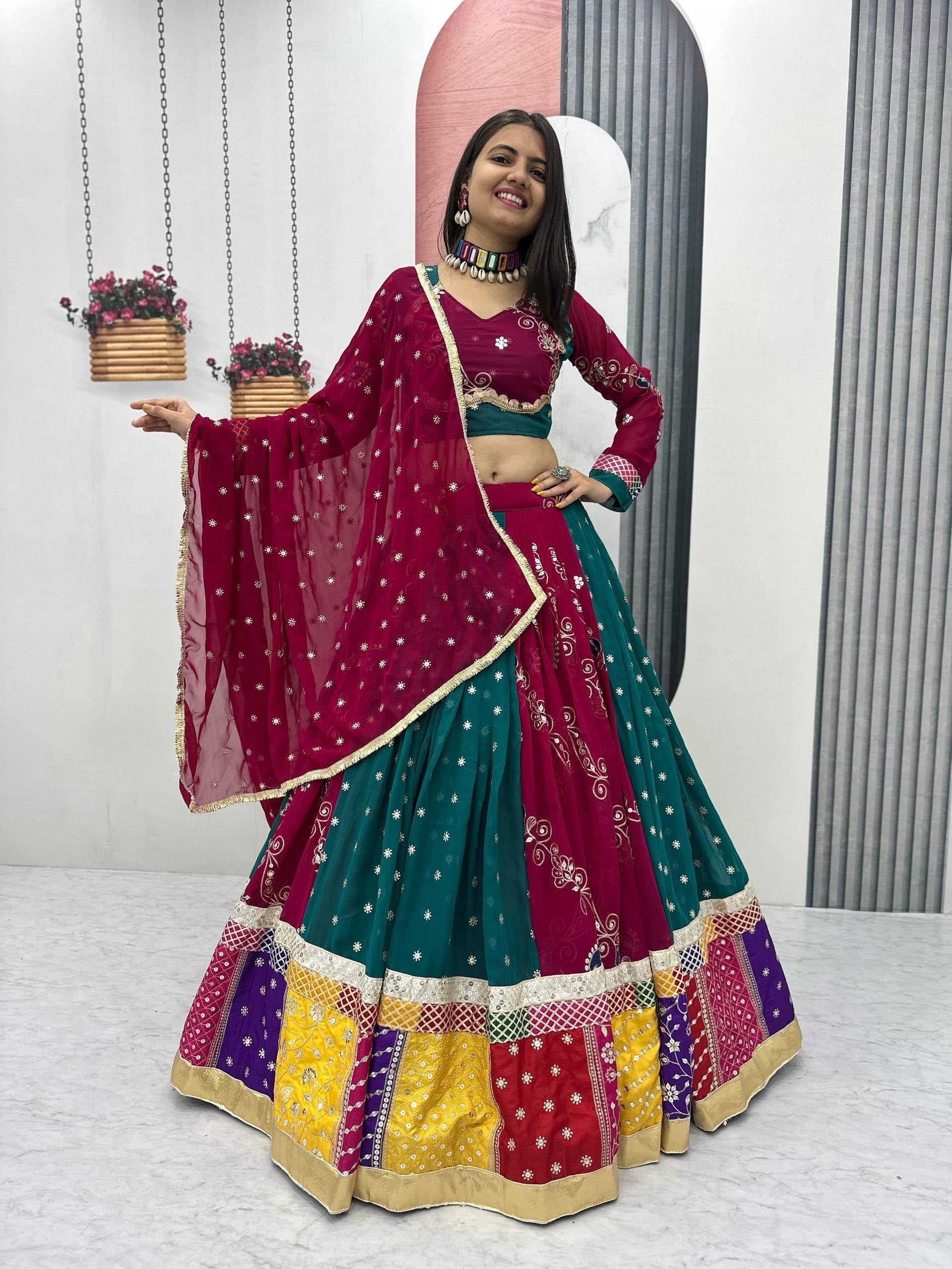 Wine & Teal Fox Georgette Navratri Lehenga Choli with Dupatta | 6 Meter Flair