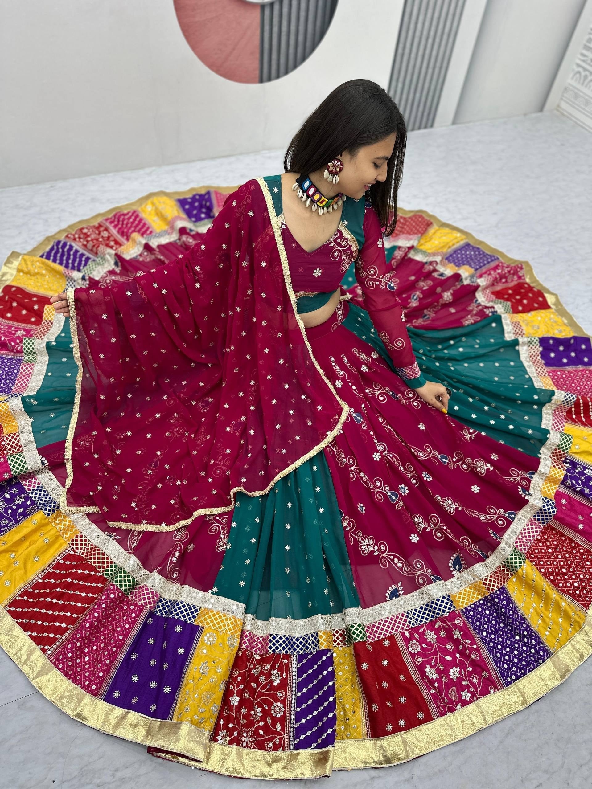 Wine & Teal Fox Georgette Navratri Lehenga Choli with Dupatta | 6 Meter Flair