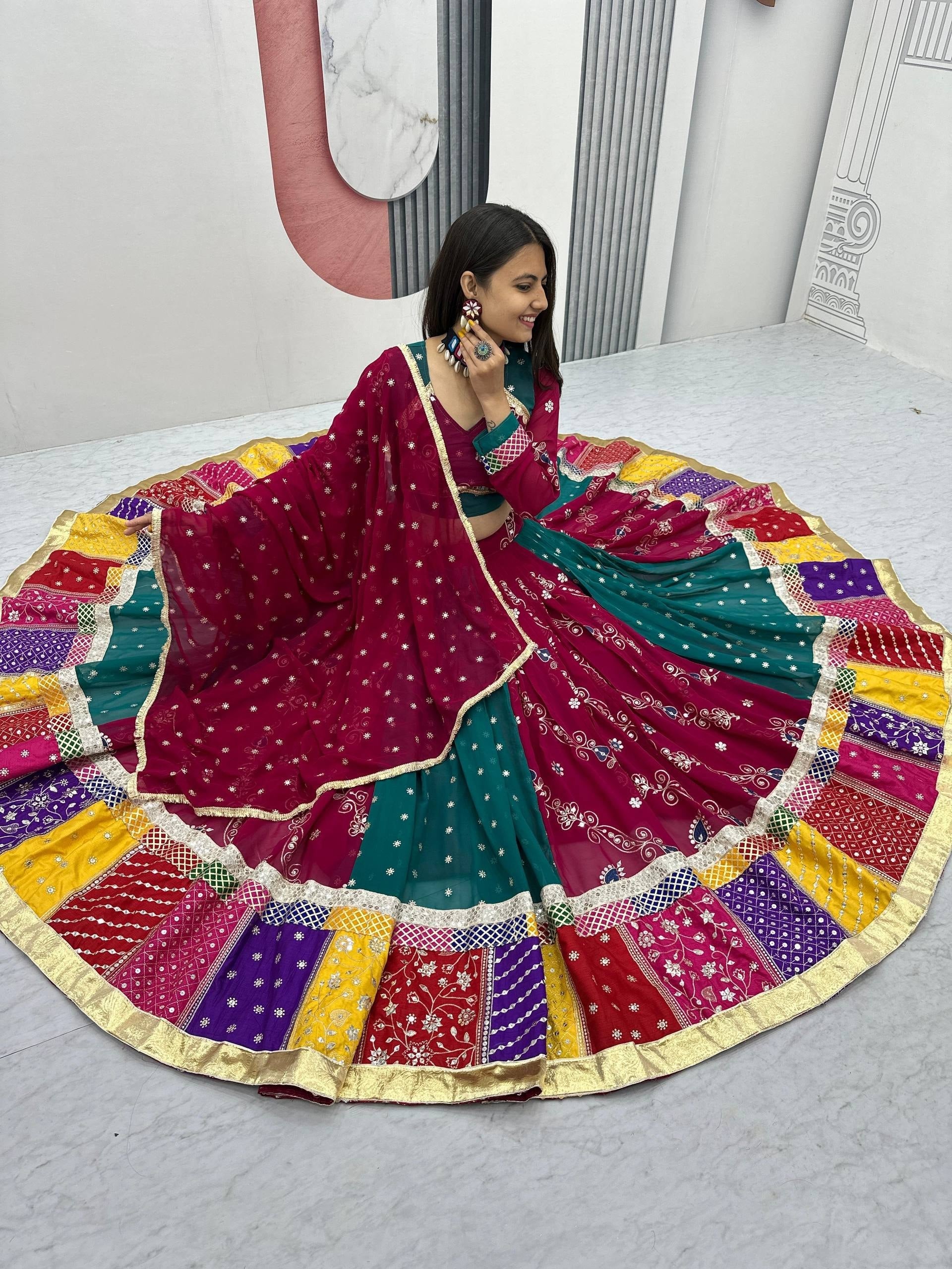 Wine & Teal Fox Georgette Navratri Lehenga Choli with Dupatta | 6 Meter Flair