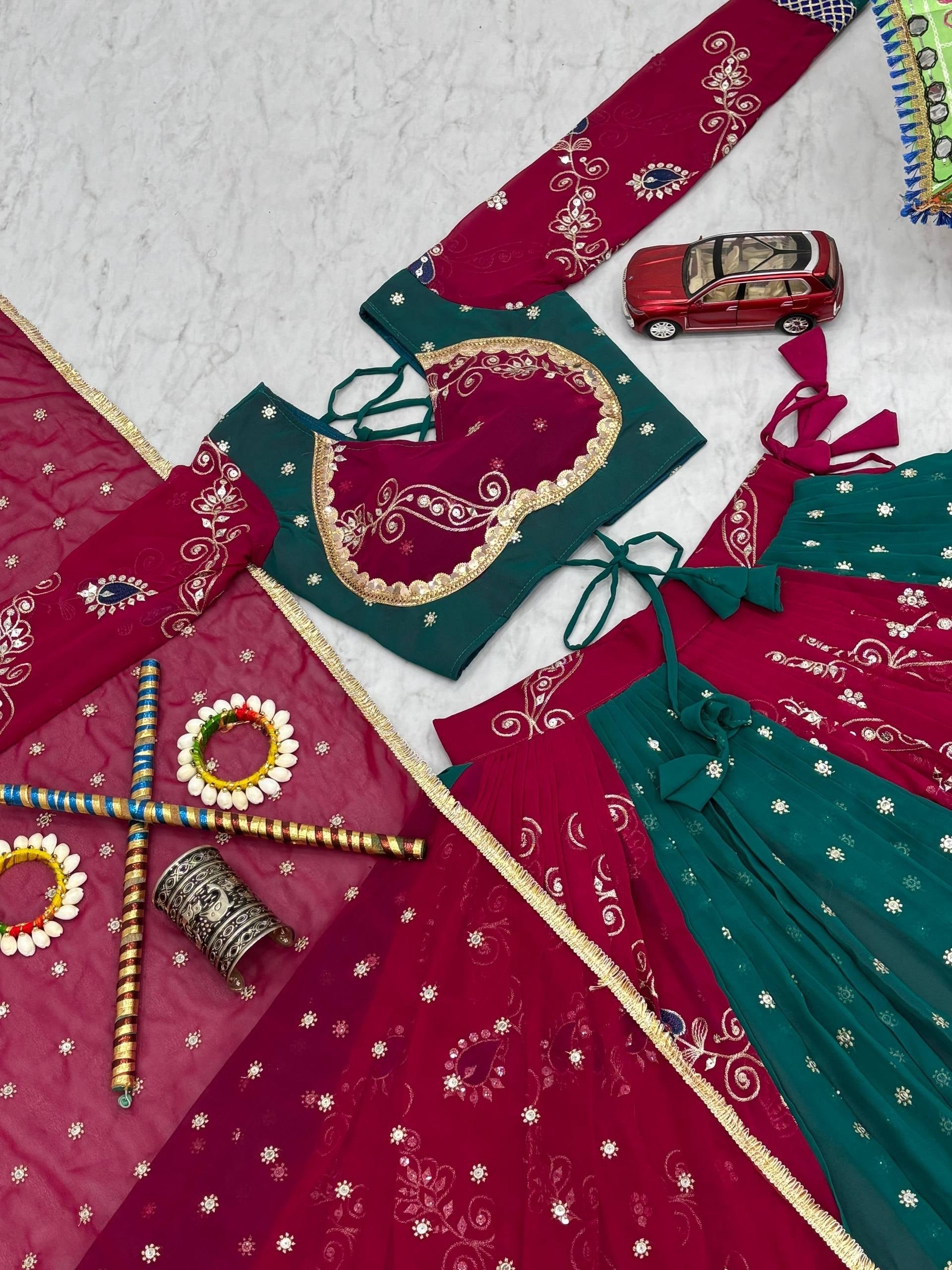 Wine & Teal Fox Georgette Navratri Lehenga Choli with Dupatta | 6 Meter Flair