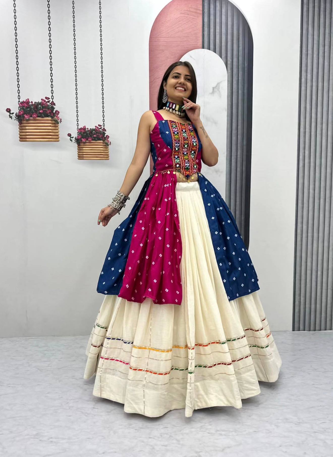 Pink & Navy Blue Bandhej Mirror Work Choli with Ivory Khadi Cotton Lehenga