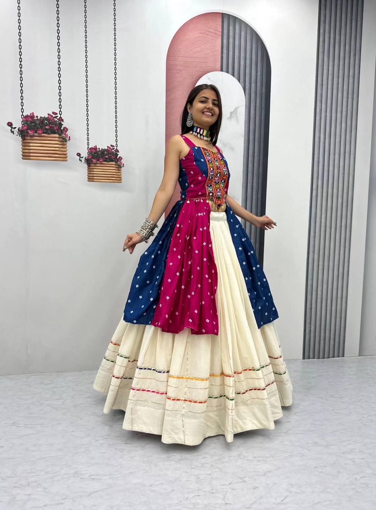 Pink & Navy Blue Bandhej Mirror Work Choli with Ivory Khadi Cotton Lehenga