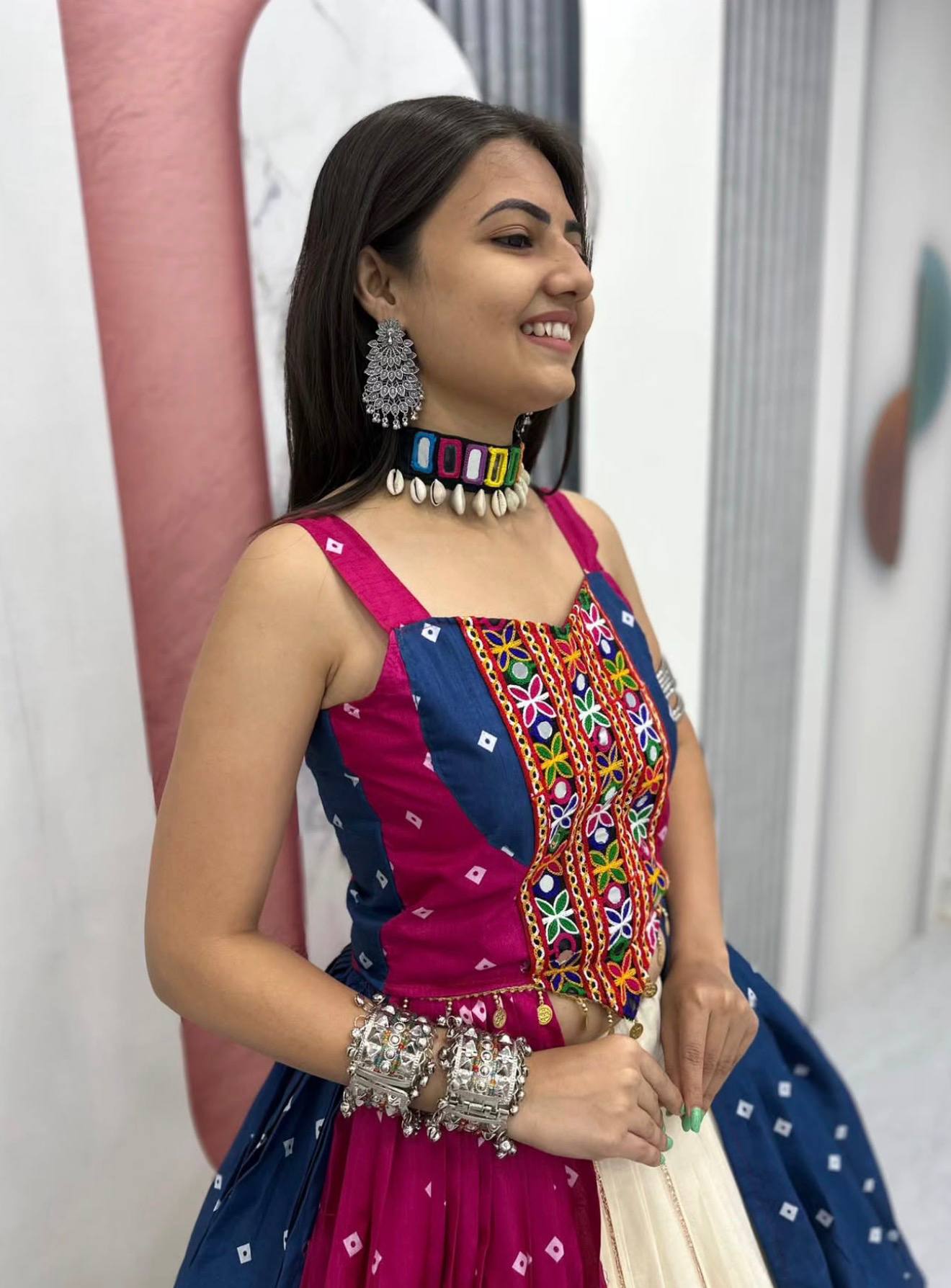 Pink & Navy Blue Bandhej Mirror Work Choli with Ivory Khadi Cotton Lehenga