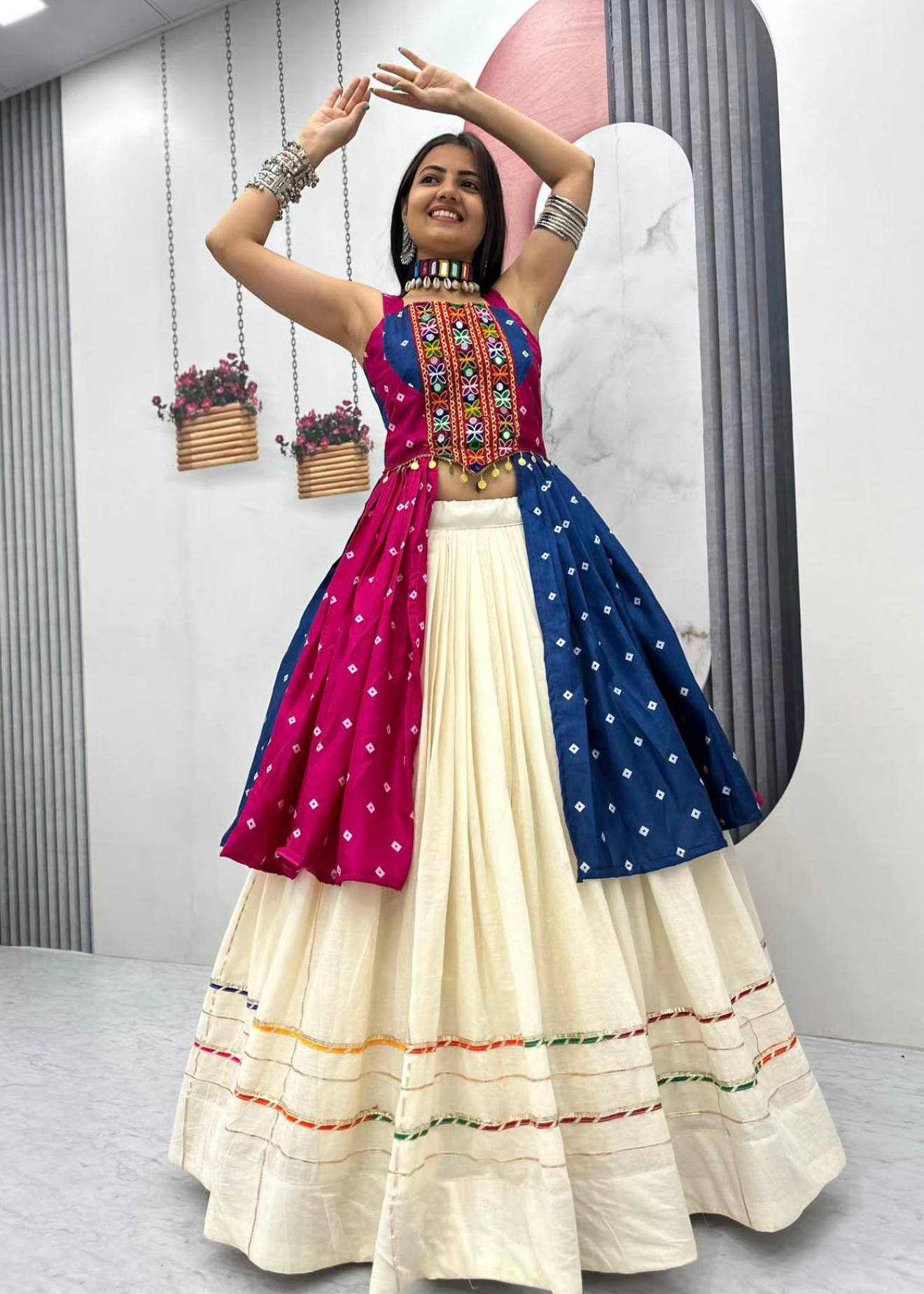 Pink & Navy Blue Bandhej Mirror Work Choli with Ivory Khadi Cotton Lehenga