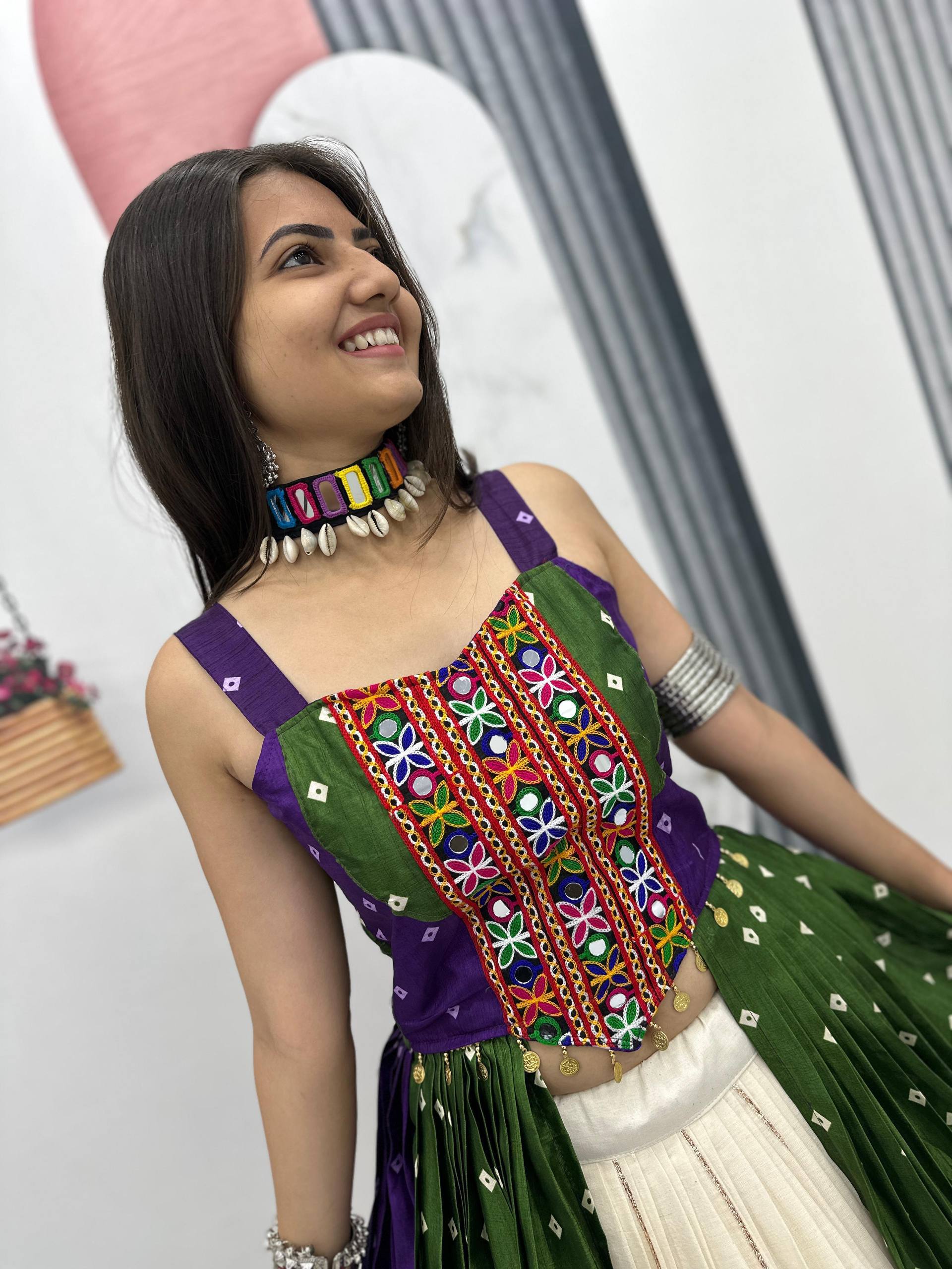 Purple & Bottle Green Bandhej Mirror Work Choli with Ivory Khadi Cotton Lehenga