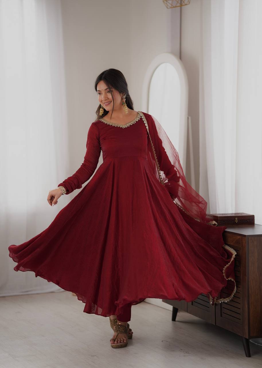 Wine Maroon Doremon Crush Anarkali Gown Set with Butterfly Net Dupatta