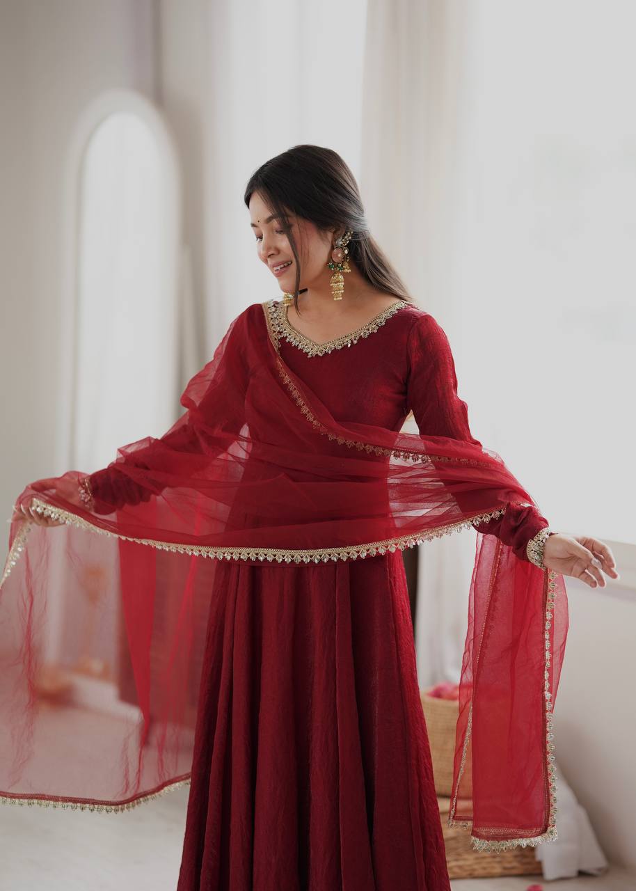 Wine Maroon Doremon Crush Anarkali Gown Set with Butterfly Net Dupatta