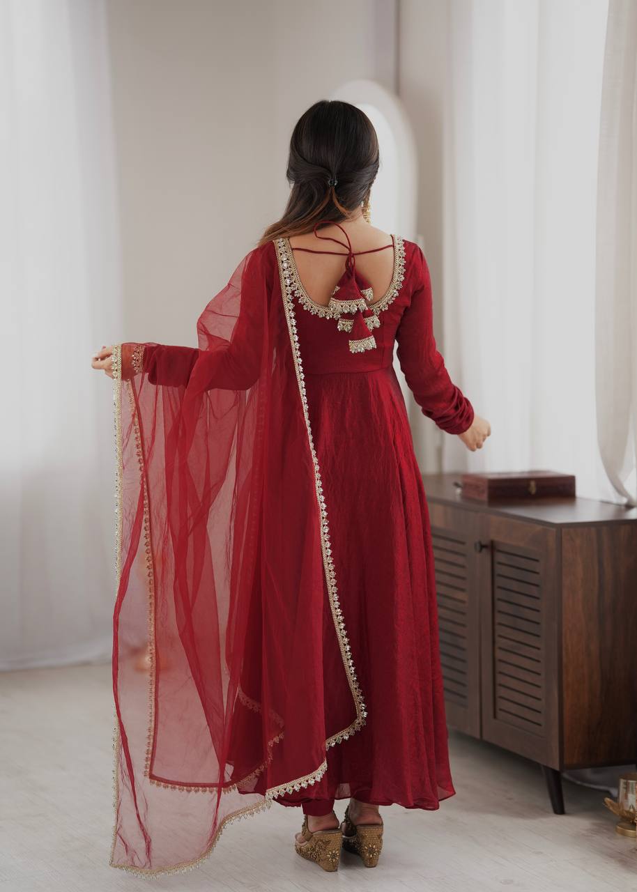 Wine Maroon Doremon Crush Anarkali Gown Set with Butterfly Net Dupatta