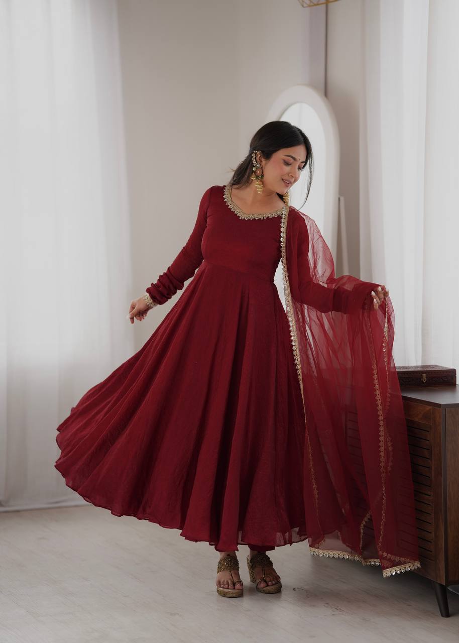 Wine Maroon Doremon Crush Anarkali Gown Set with Butterfly Net Dupatta
