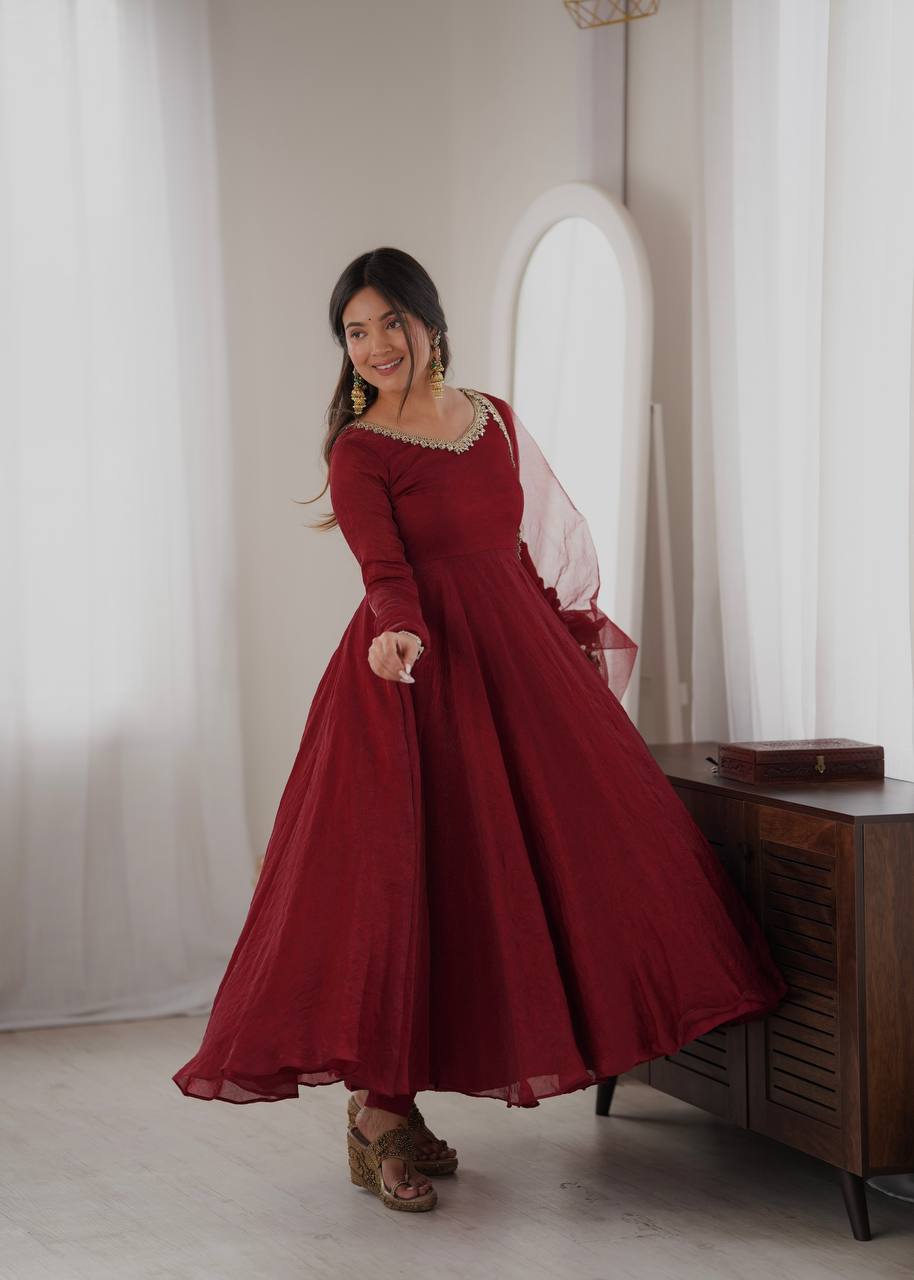 Wine Maroon Doremon Crush Anarkali Gown Set with Butterfly Net Dupatta