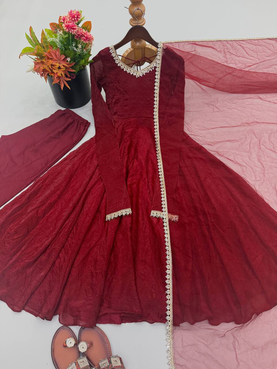 Wine Maroon Doremon Crush Anarkali Gown Set with Butterfly Net Dupatta