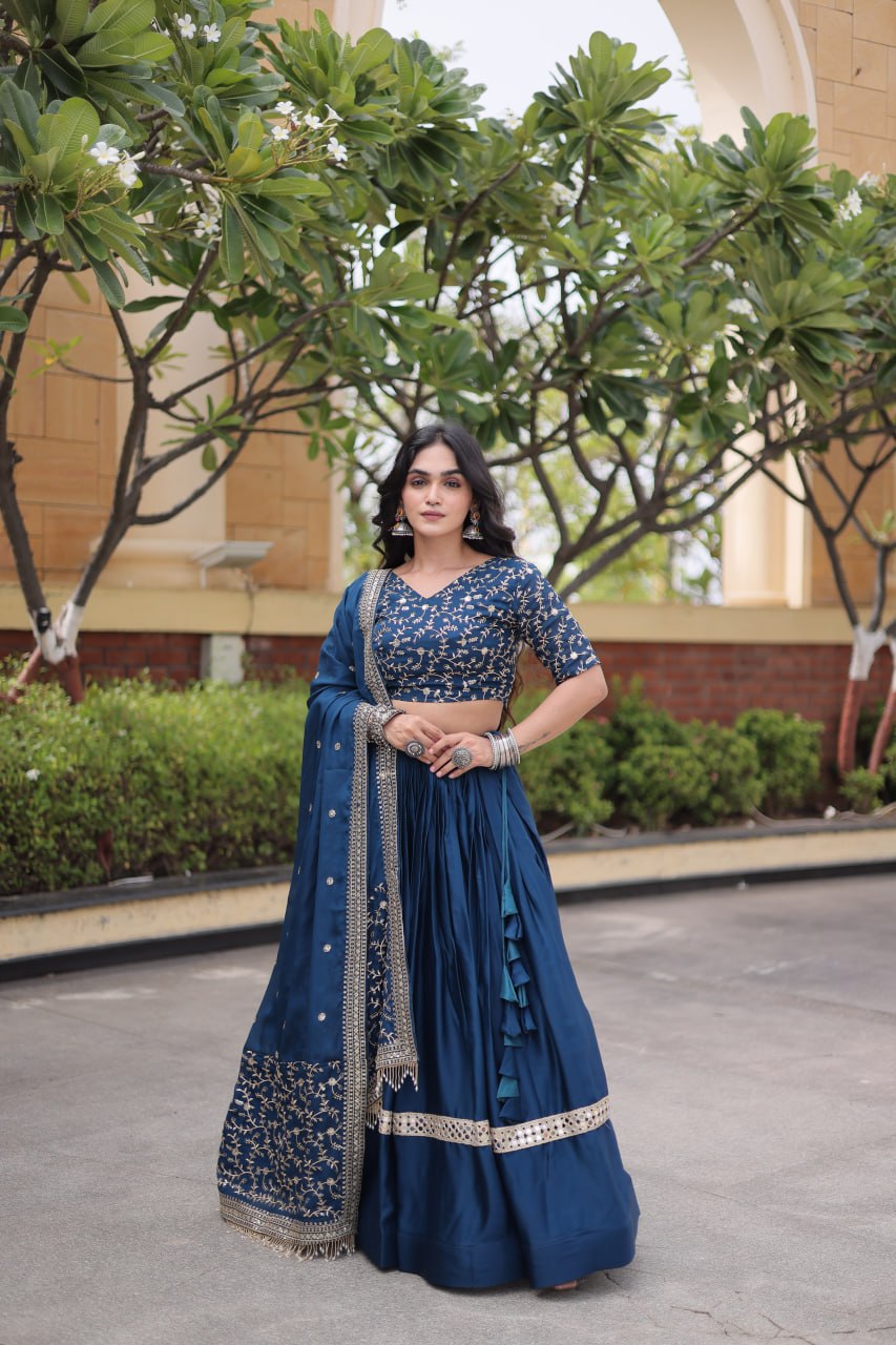 Steel Blue Embroidered Glory Satin Lehenga Choli with Designer Dupatta