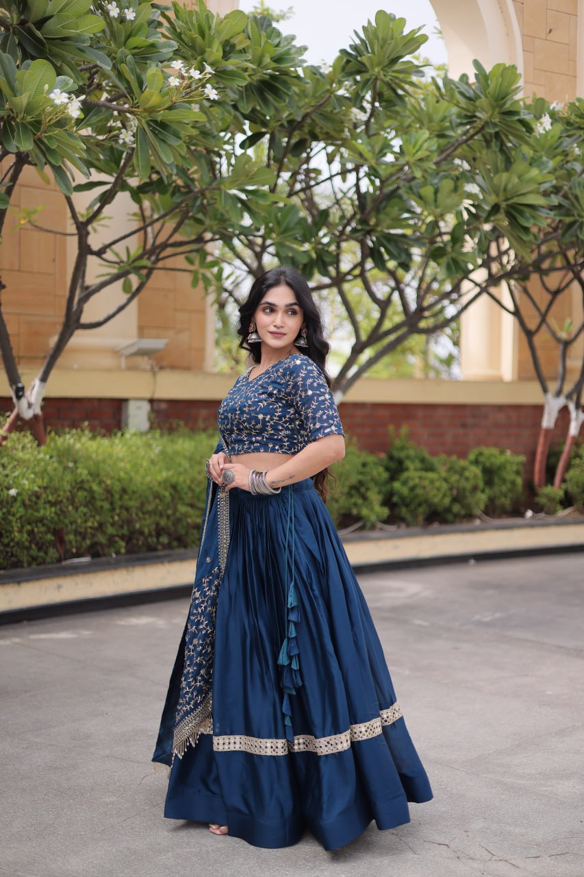 Steel Blue Embroidered Glory Satin Lehenga Choli with Designer Dupatta