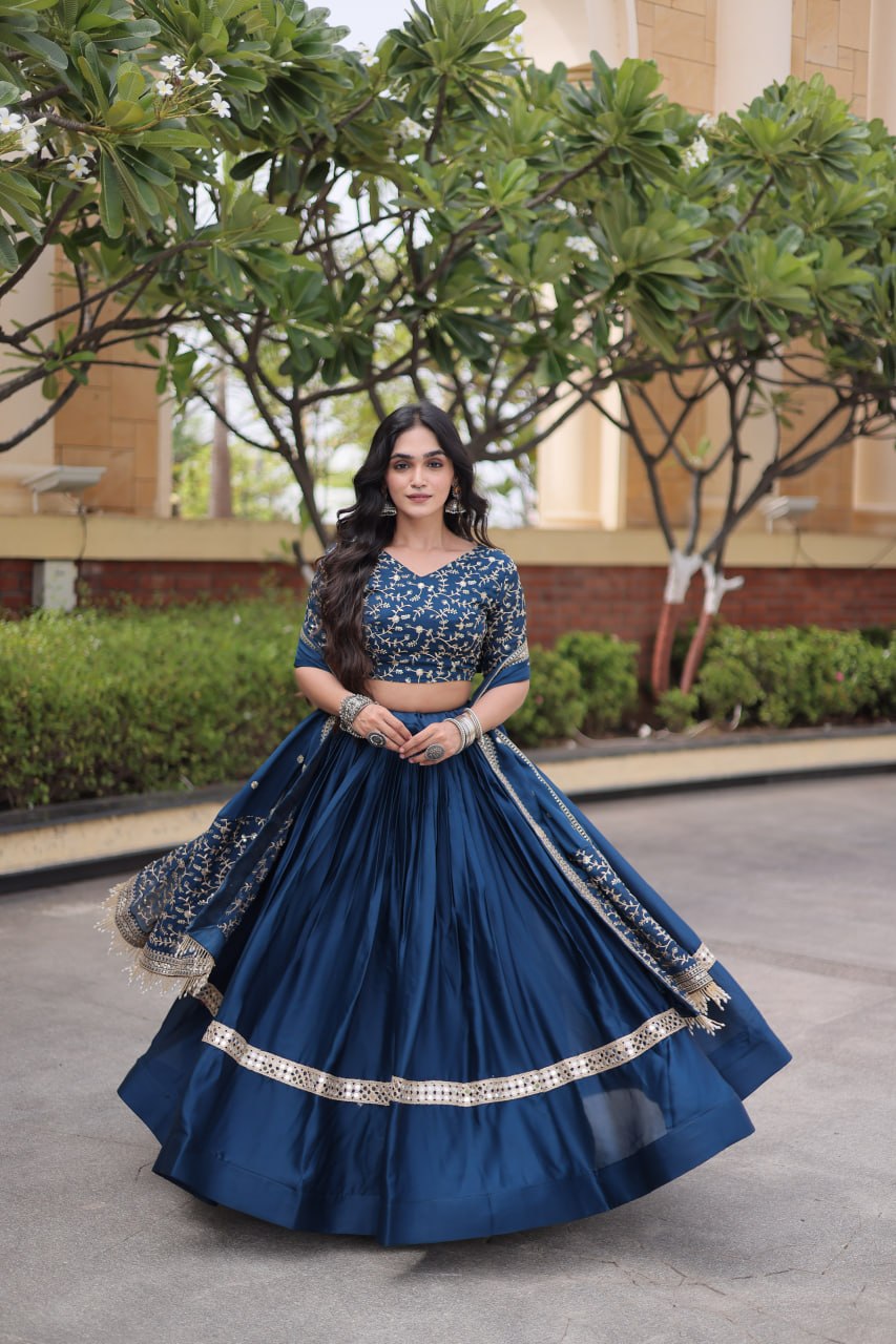 Steel Blue Embroidered Glory Satin Lehenga Choli with Designer Dupatta
