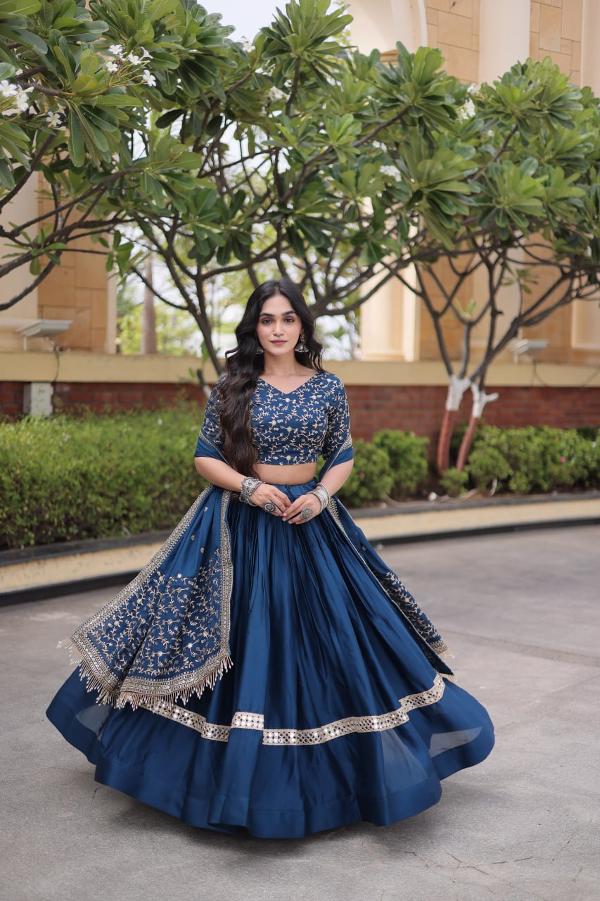 Steel Blue Embroidered Glory Satin Lehenga Choli with Designer Dupatta