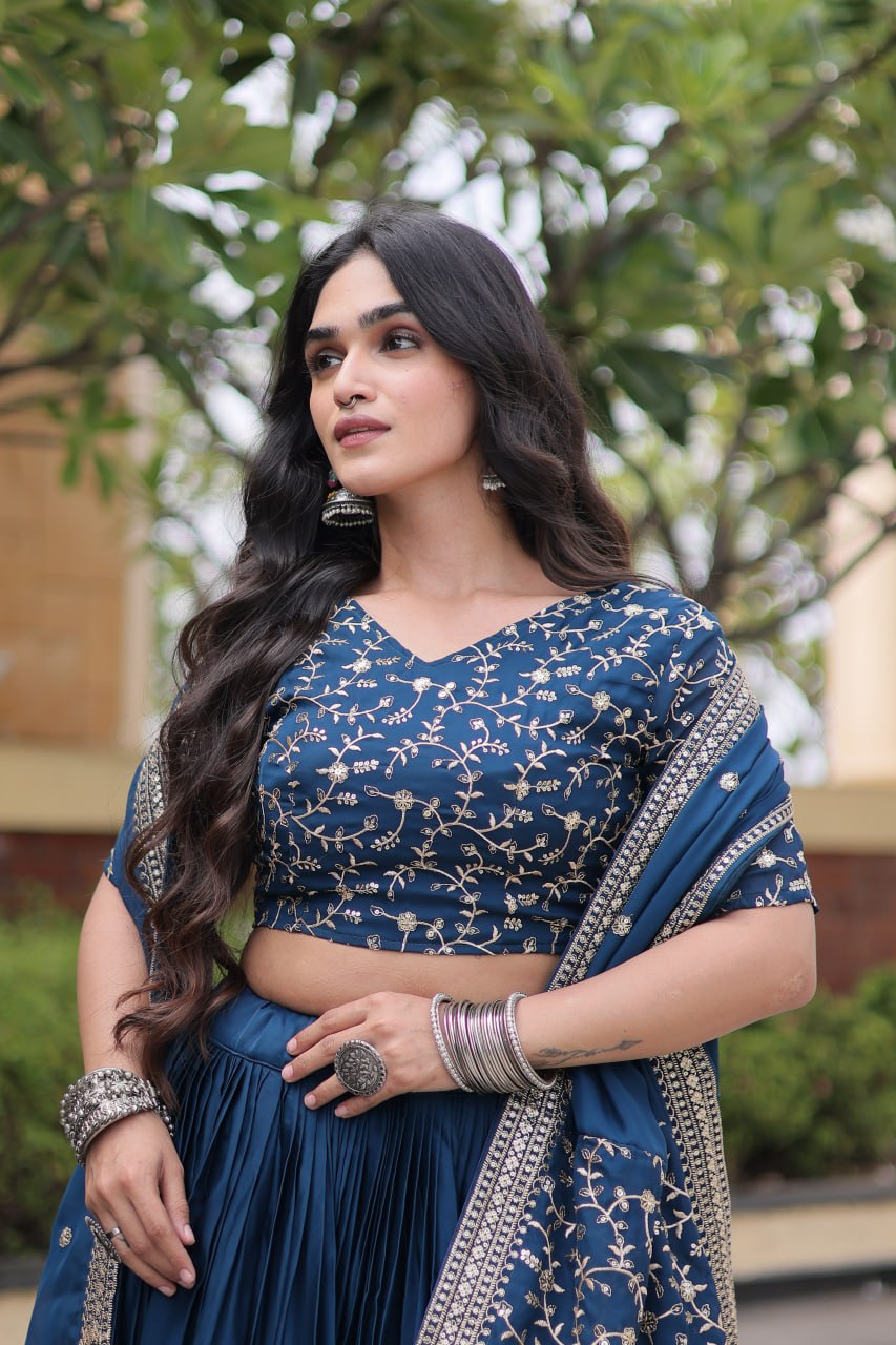 Steel Blue Embroidered Glory Satin Lehenga Choli with Designer Dupatta