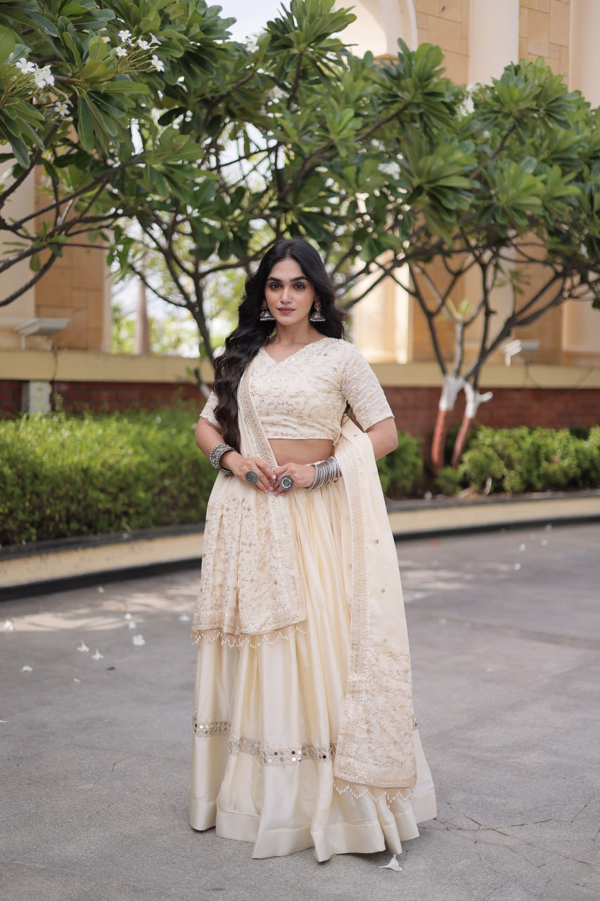 Ivory Embroidered Glory Satin Lehenga Choli with Designer Dupatta