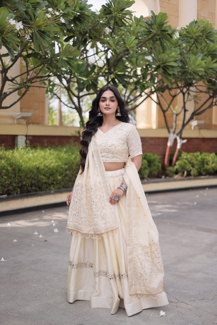Ivory Embroidered Glory Satin Lehenga Choli with Designer Dupatta