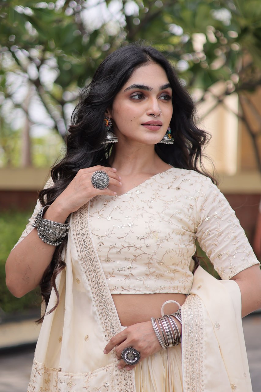 Ivory Embroidered Glory Satin Lehenga Choli with Designer Dupatta