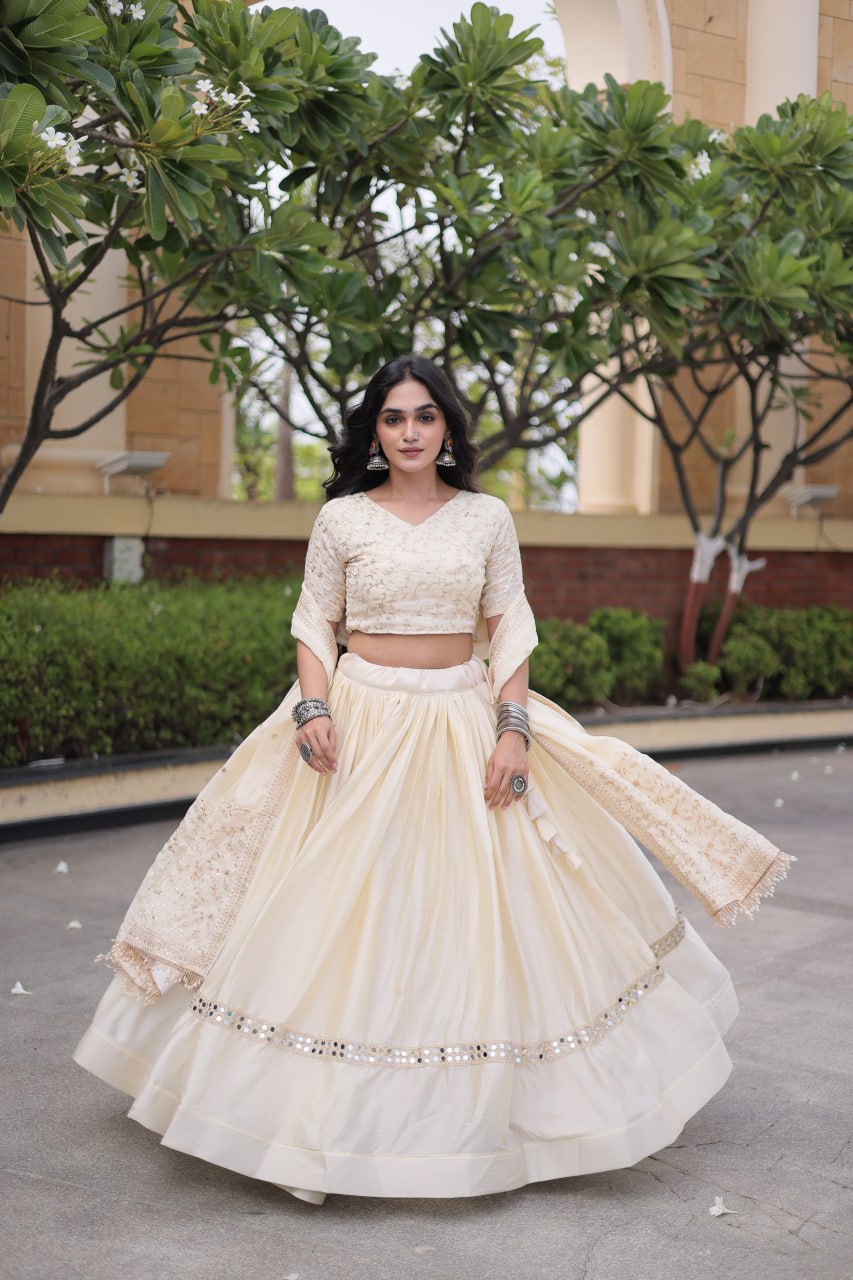 Ivory Embroidered Glory Satin Lehenga Choli with Designer Dupatta