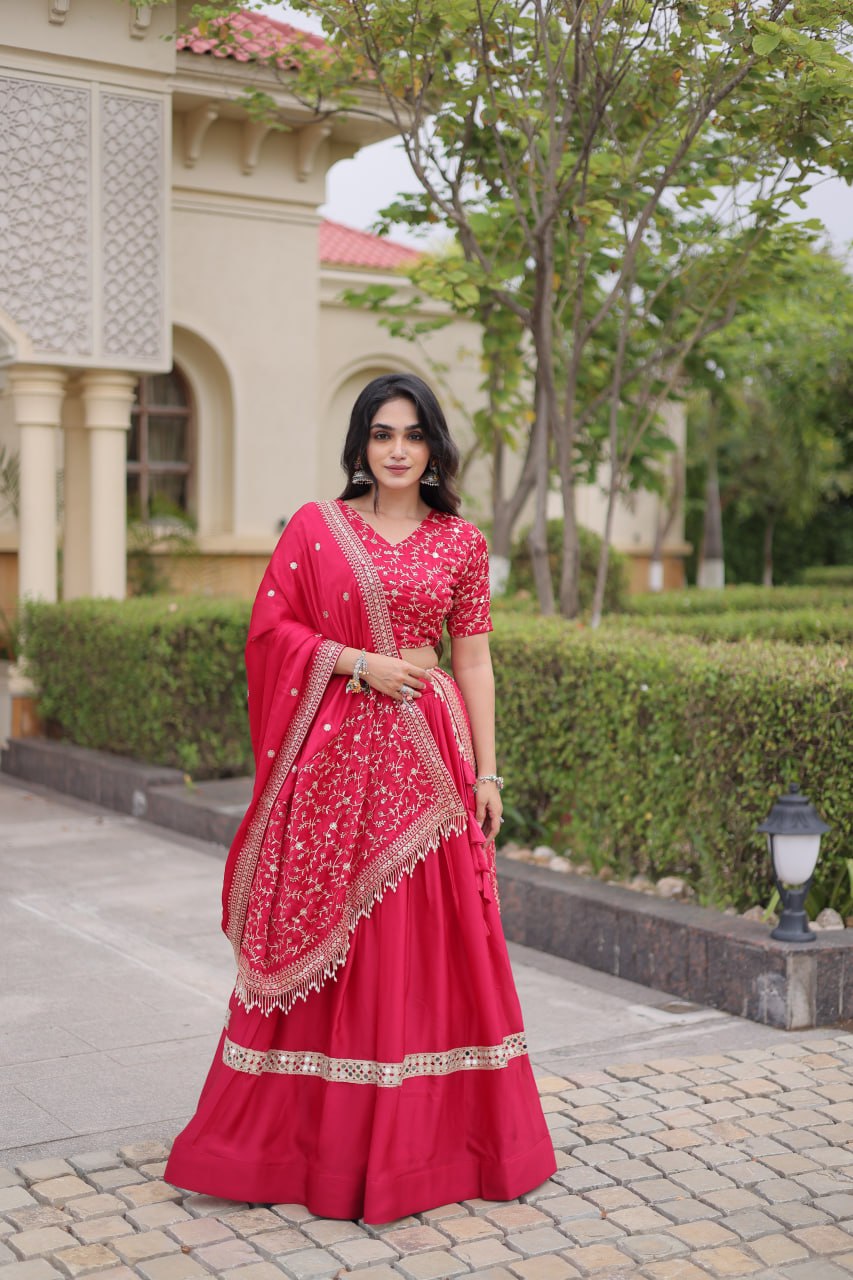 Rani Pink Embroidered Glory Satin Lehenga Choli with Designer Dupatta