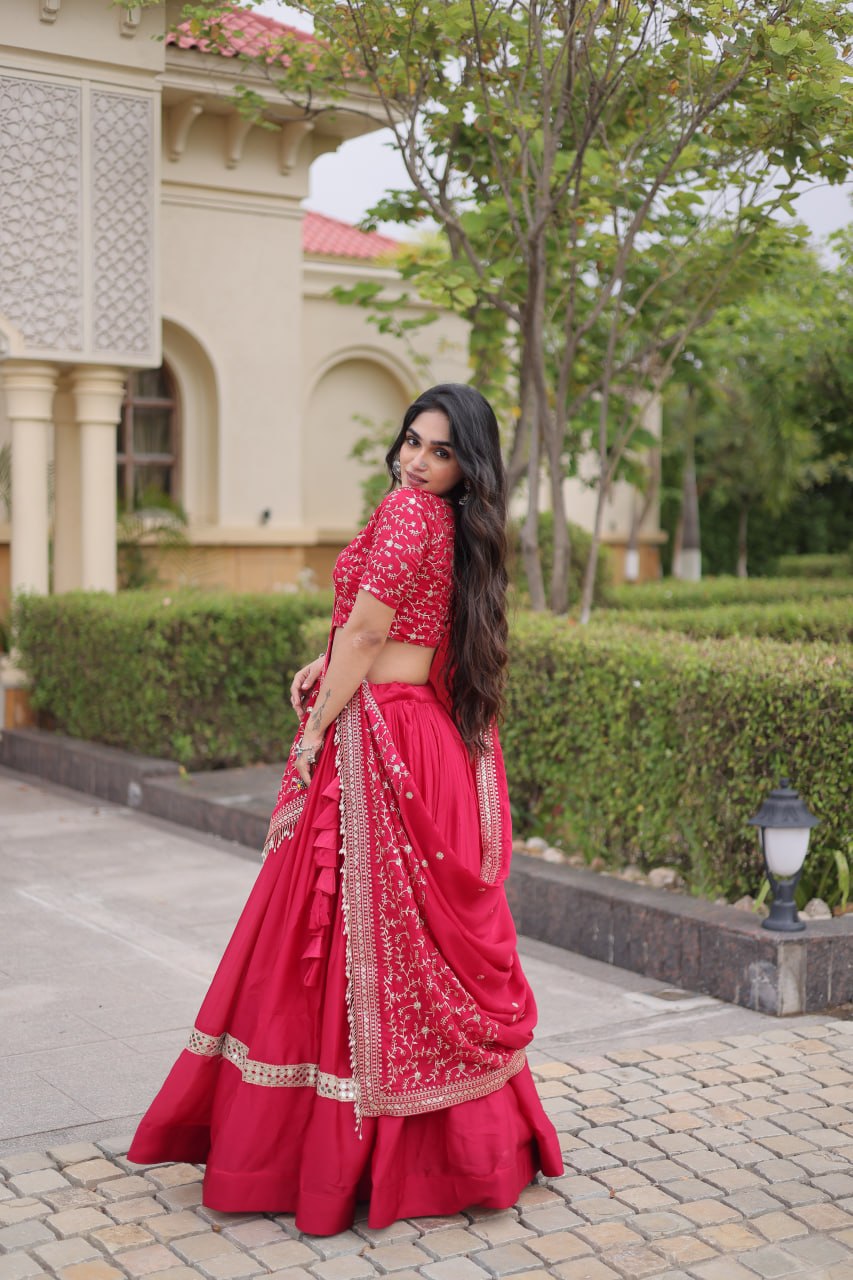 Rani Pink Embroidered Glory Satin Lehenga Choli with Designer Dupatta