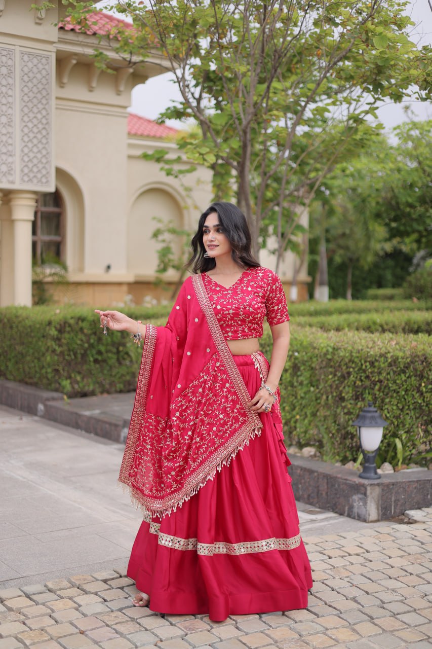 Rani Pink Embroidered Glory Satin Lehenga Choli with Designer Dupatta