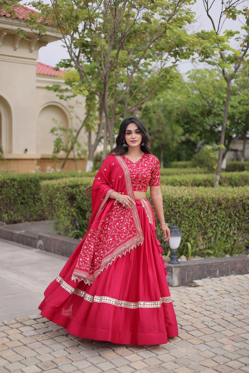 Rani Pink Embroidered Glory Satin Lehenga Choli with Designer Dupatta