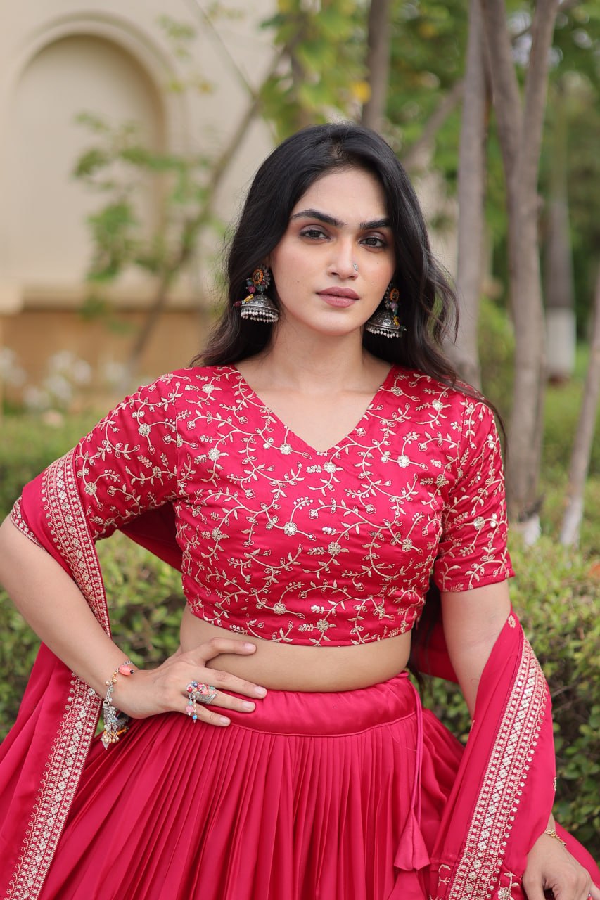 Rani Pink Embroidered Glory Satin Lehenga Choli with Designer Dupatta