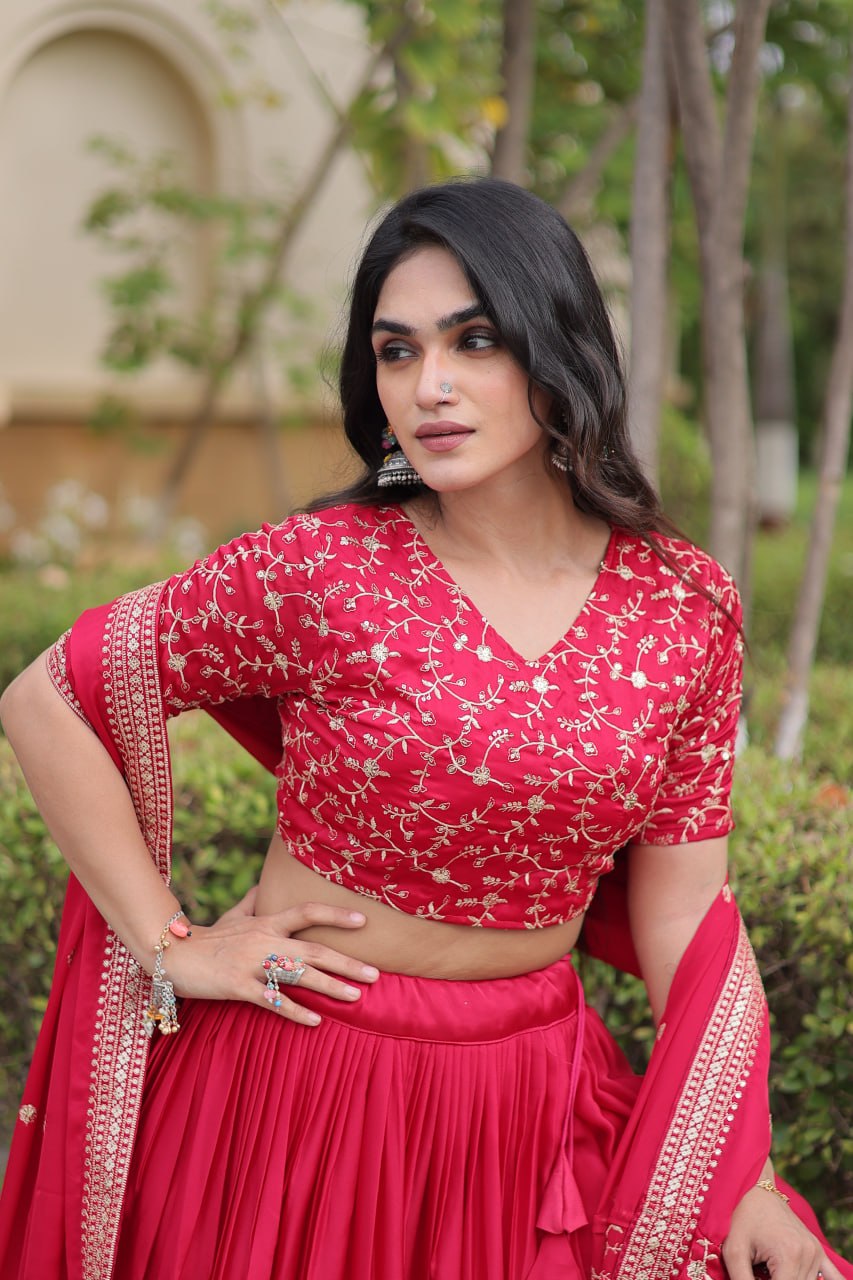 Rani Pink Embroidered Glory Satin Lehenga Choli with Designer Dupatta